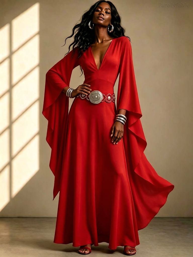Olive Red Deep V-neck Flared Sleeve Dress