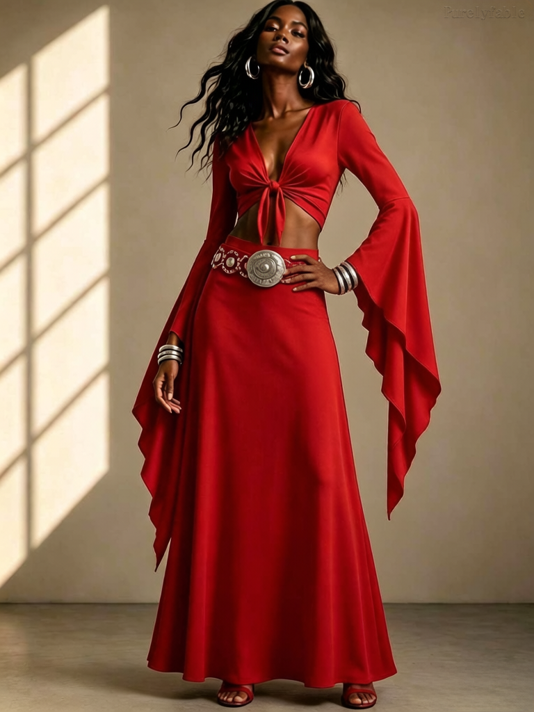 Olive Red Deep V-Strap Short Flared Sleeve Skirt Two-Piece Set