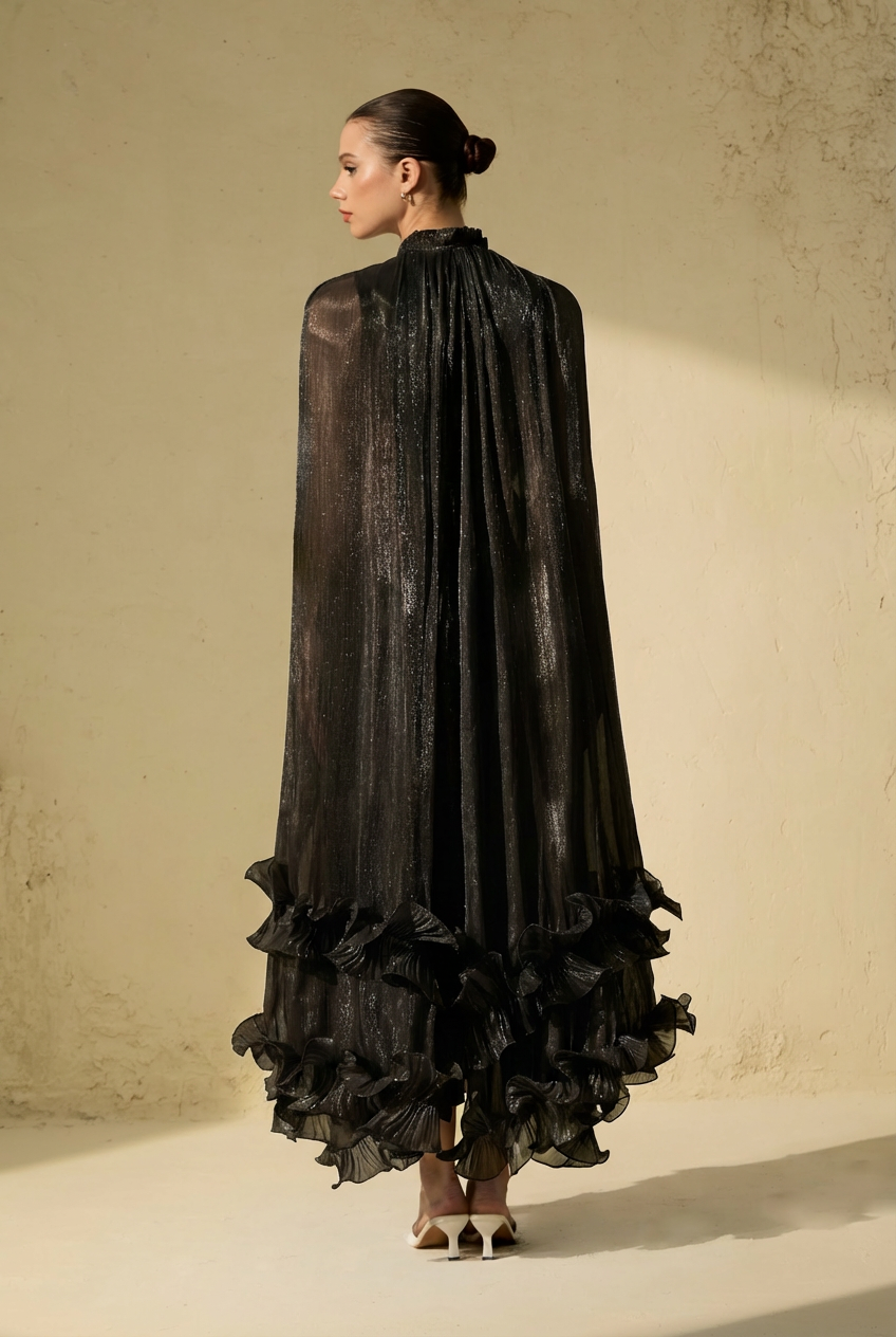 Shirley Black Cape-effect Ruffled Midi Dress-purelyfable