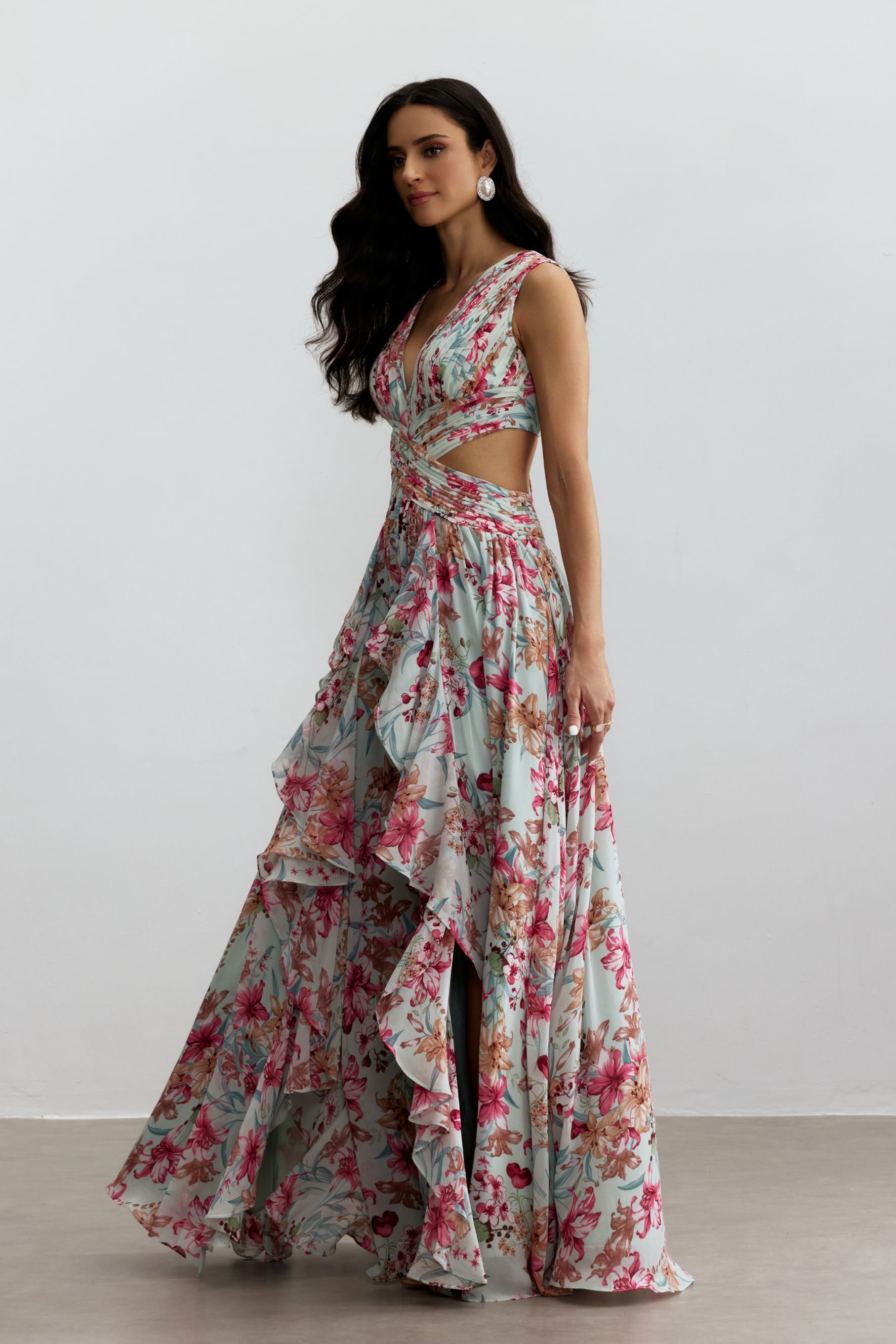 Anila Printed Pleated Ruffle Maxi Dress-purelyfable