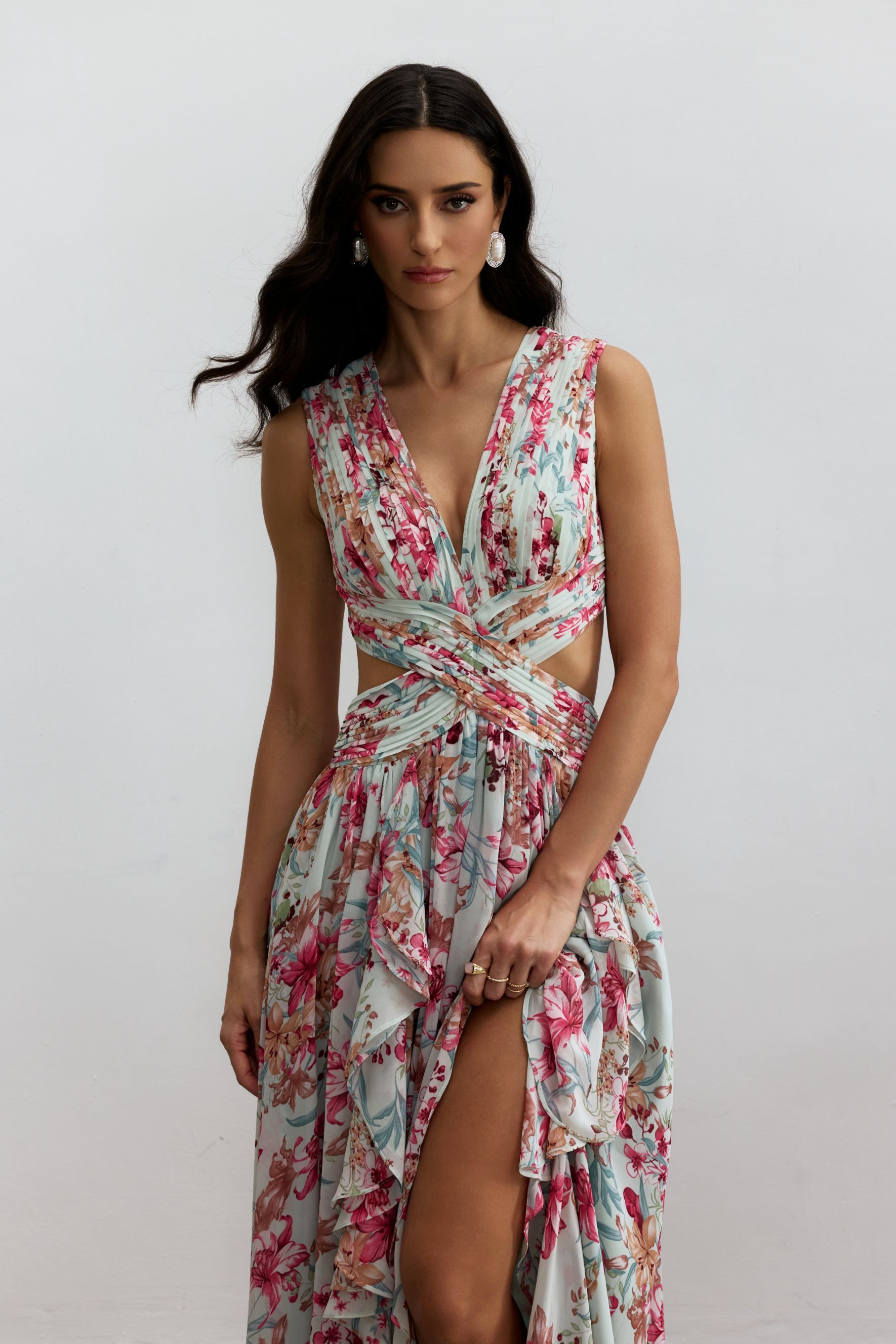 Anila Printed Pleated Ruffle Maxi Dress-purelyfable