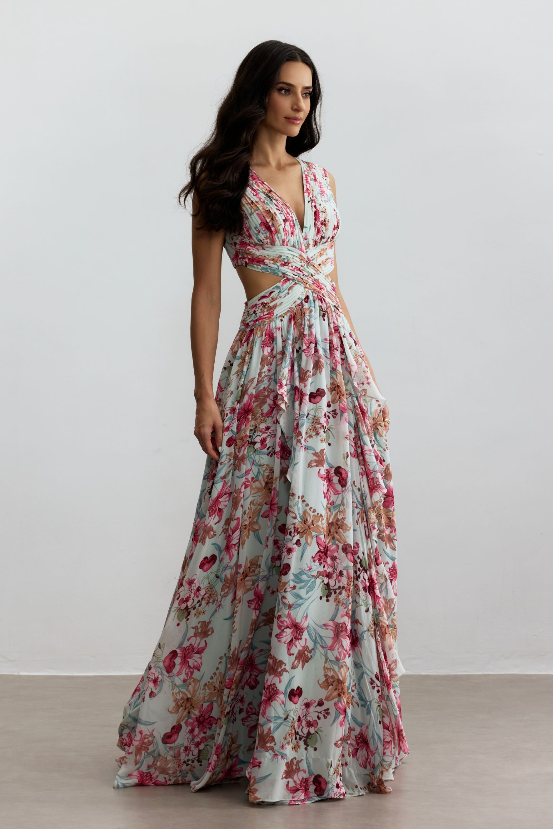 Anila Printed Pleated Ruffle Maxi Dress-purelyfable
