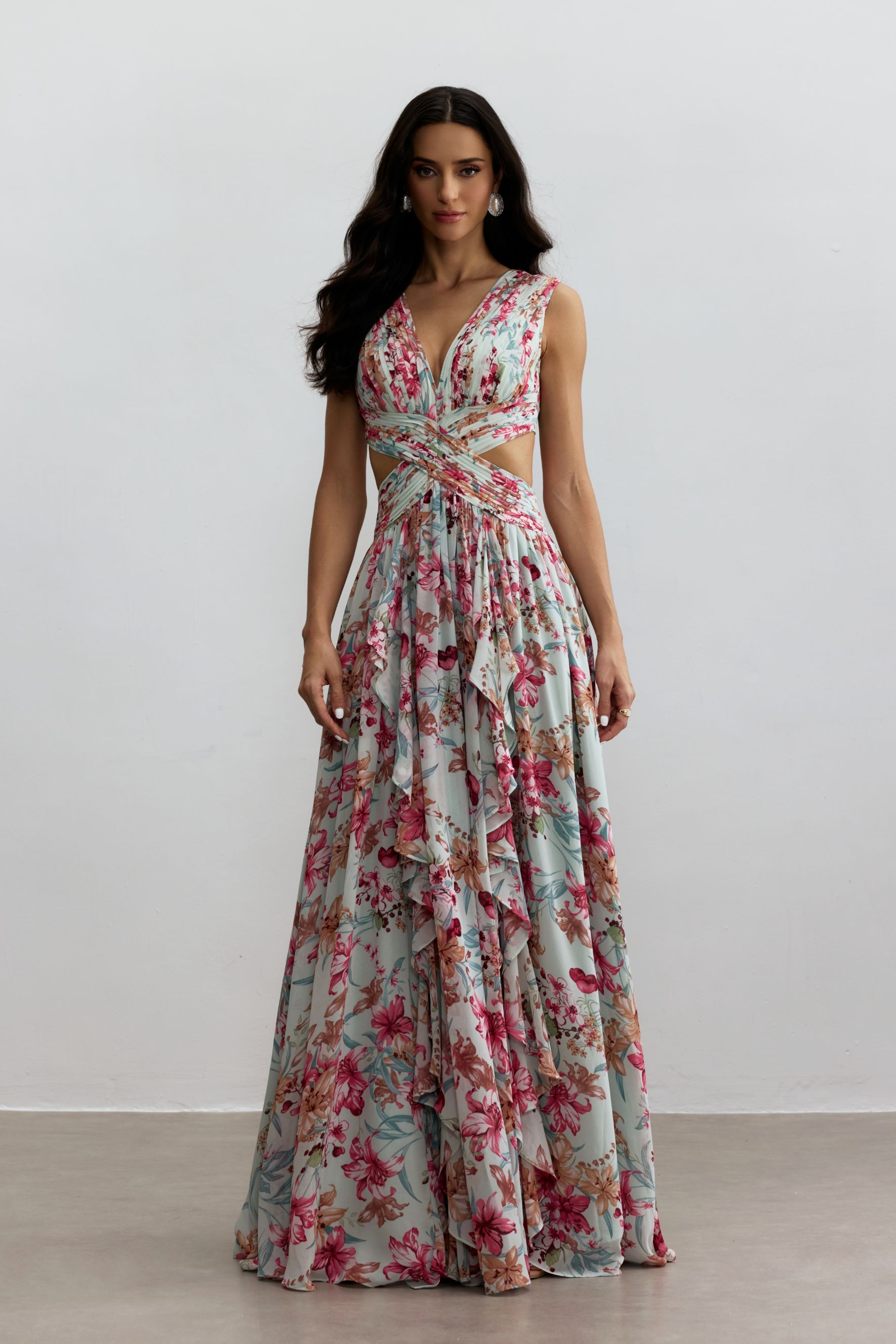 Anila Printed Pleated Ruffle Maxi Dress-purelyfable