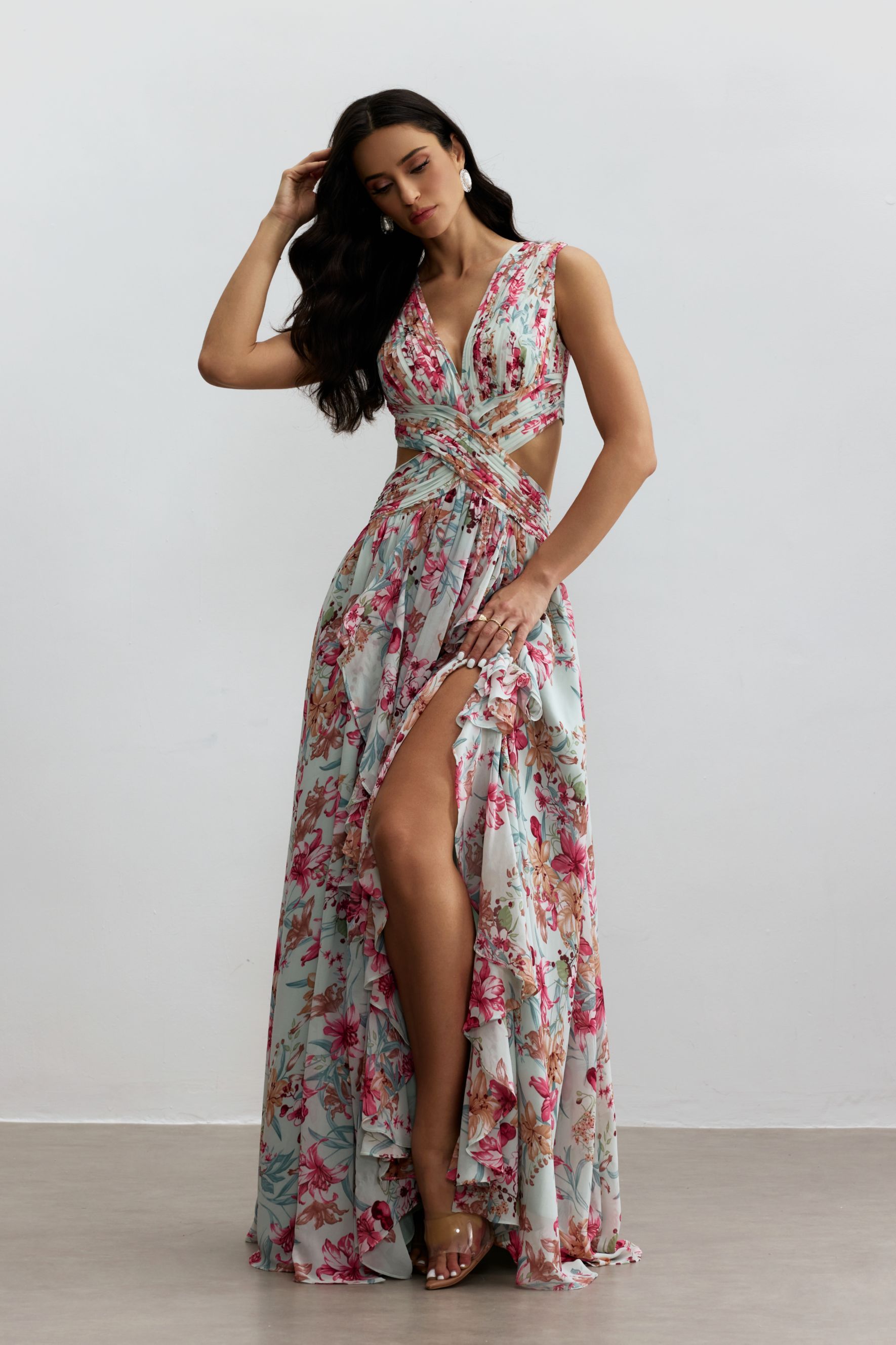 Anila Printed Pleated Ruffle Maxi Dress-purelyfable
