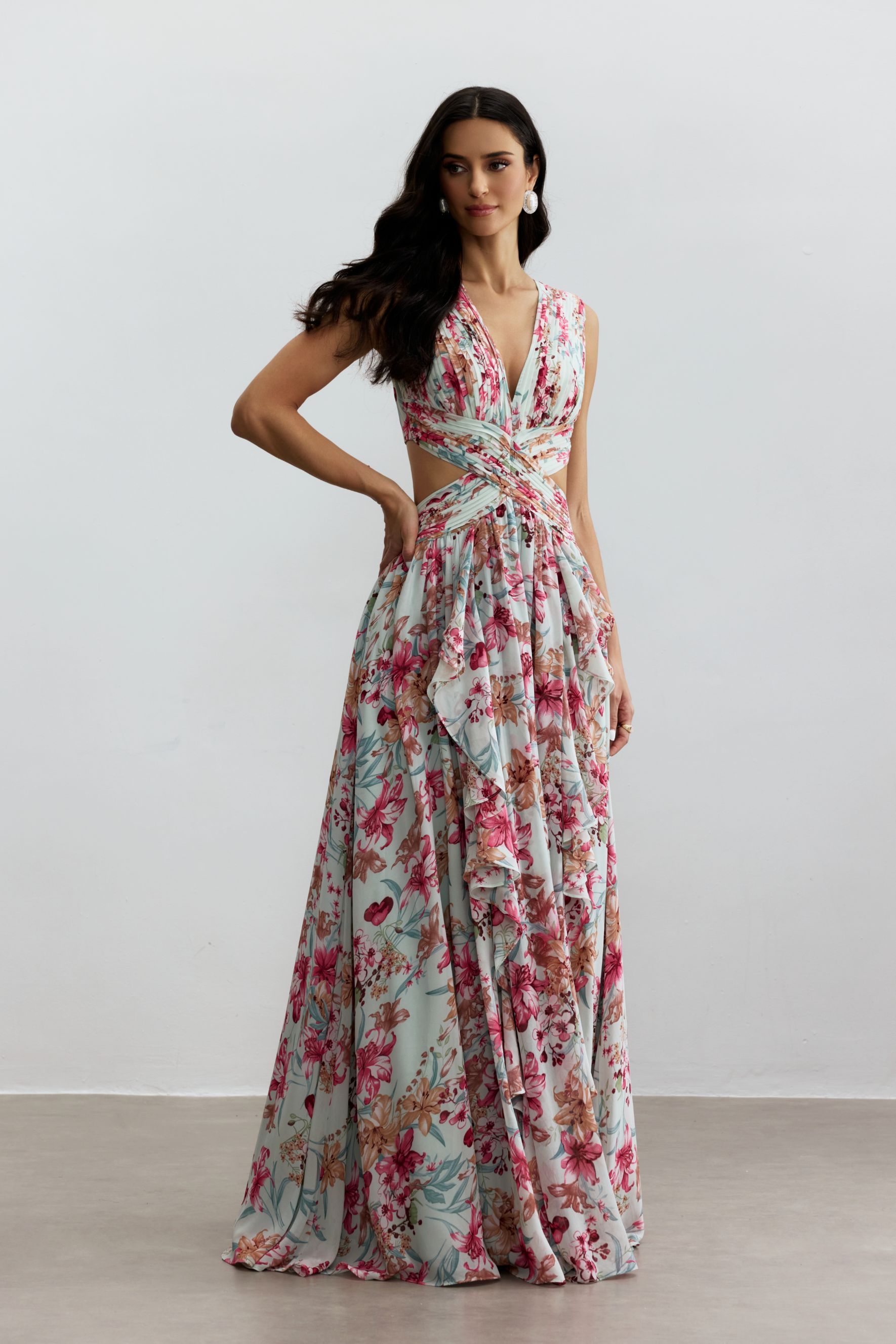 Anila Printed Pleated Ruffle Maxi Dress-purelyfable