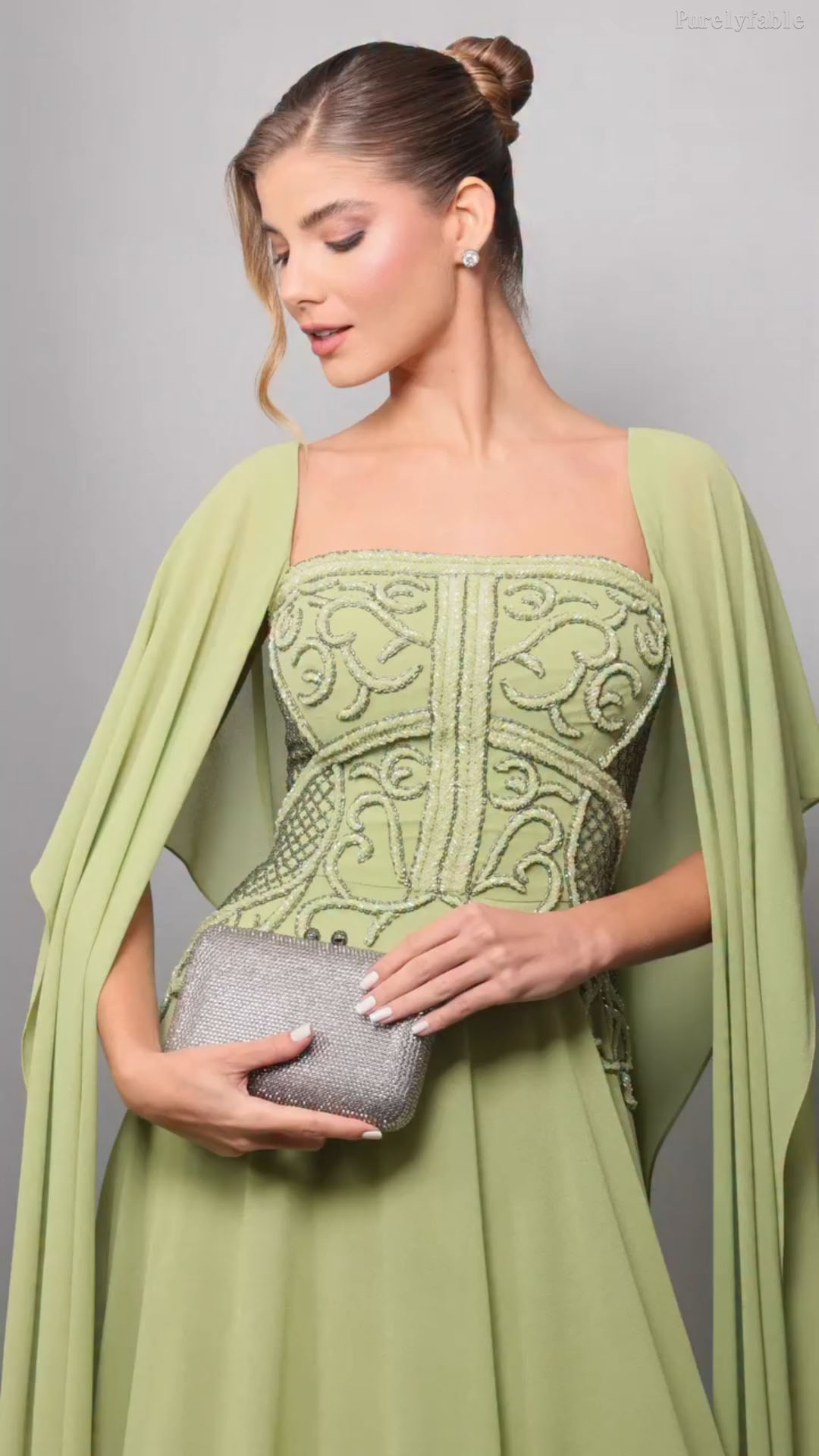 Greta Matcha Green Strapless Chiffon Shawl Dress