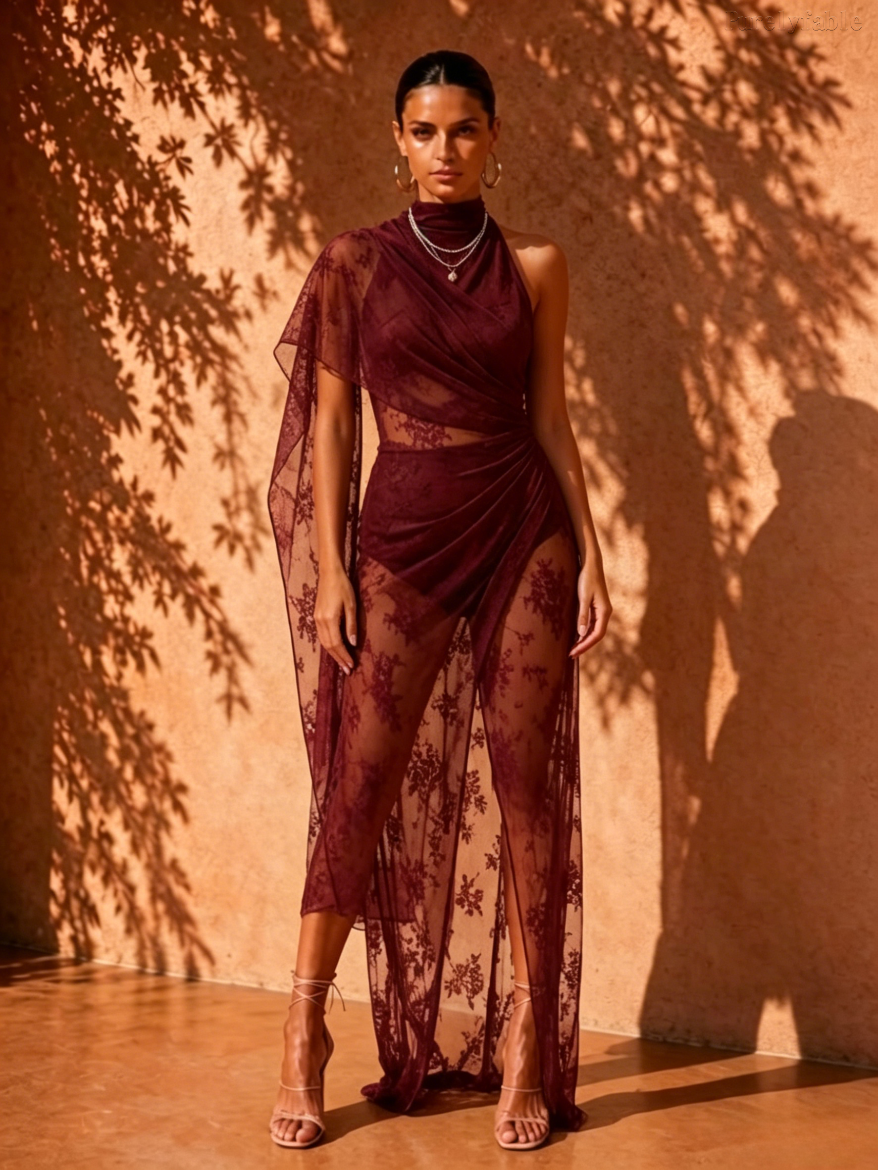 Anais Wine Red Hanging Neck Floral Mesh Dress