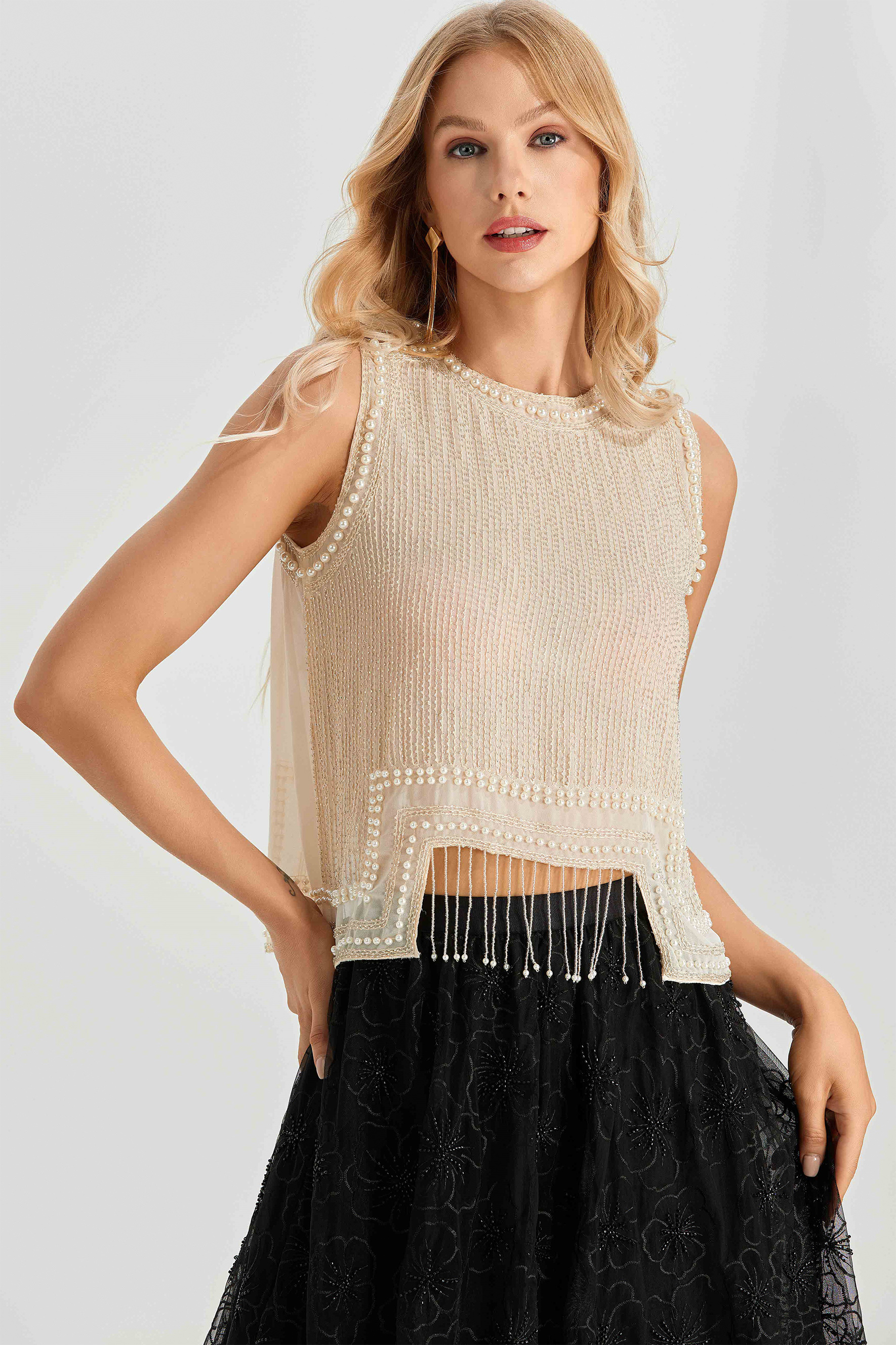 Alina Sleeveless Pearl Trim Fringe Top-purelyfable