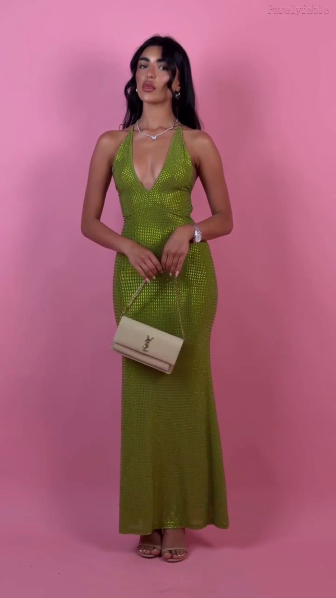 Everly Dark Green Deep V Beaded Knit Long Dress