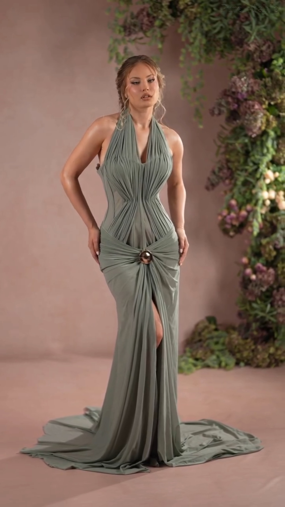 Bellatrix Light Green Halter Pleated Dress