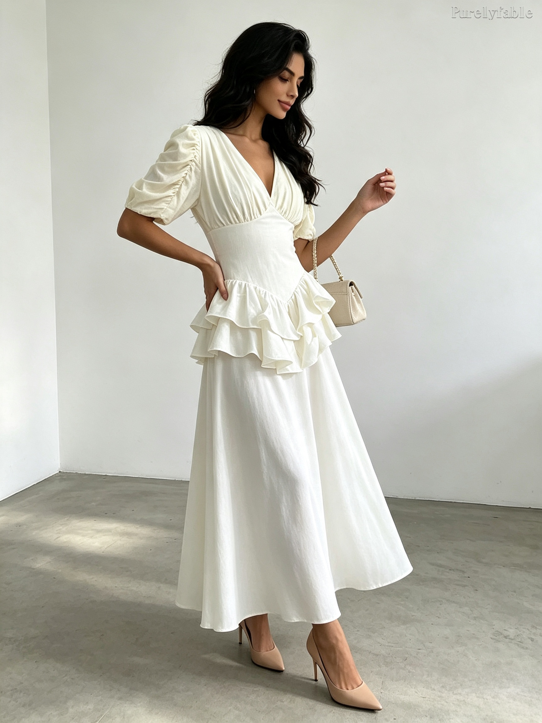Camilla  Orange Ruffle V-Neck Puff Sleeve Dress