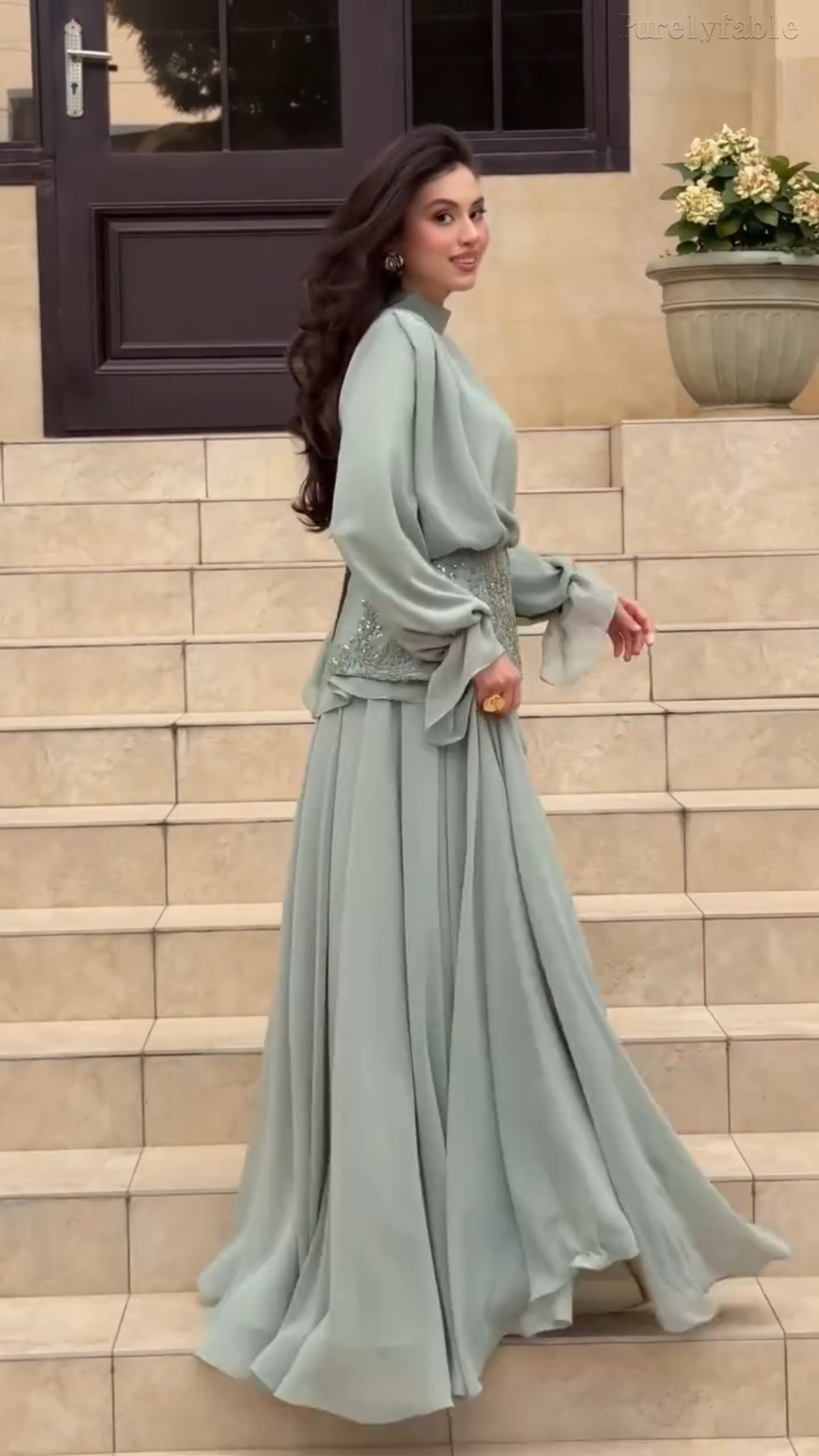 Kamila Light Green High-neck Flowing Long Dress Set