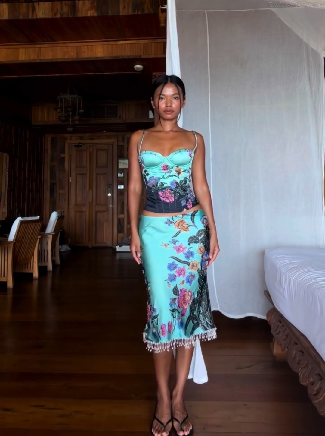 Aurora Blue Thin Shoulder Strap Floor-Length Skirt Set