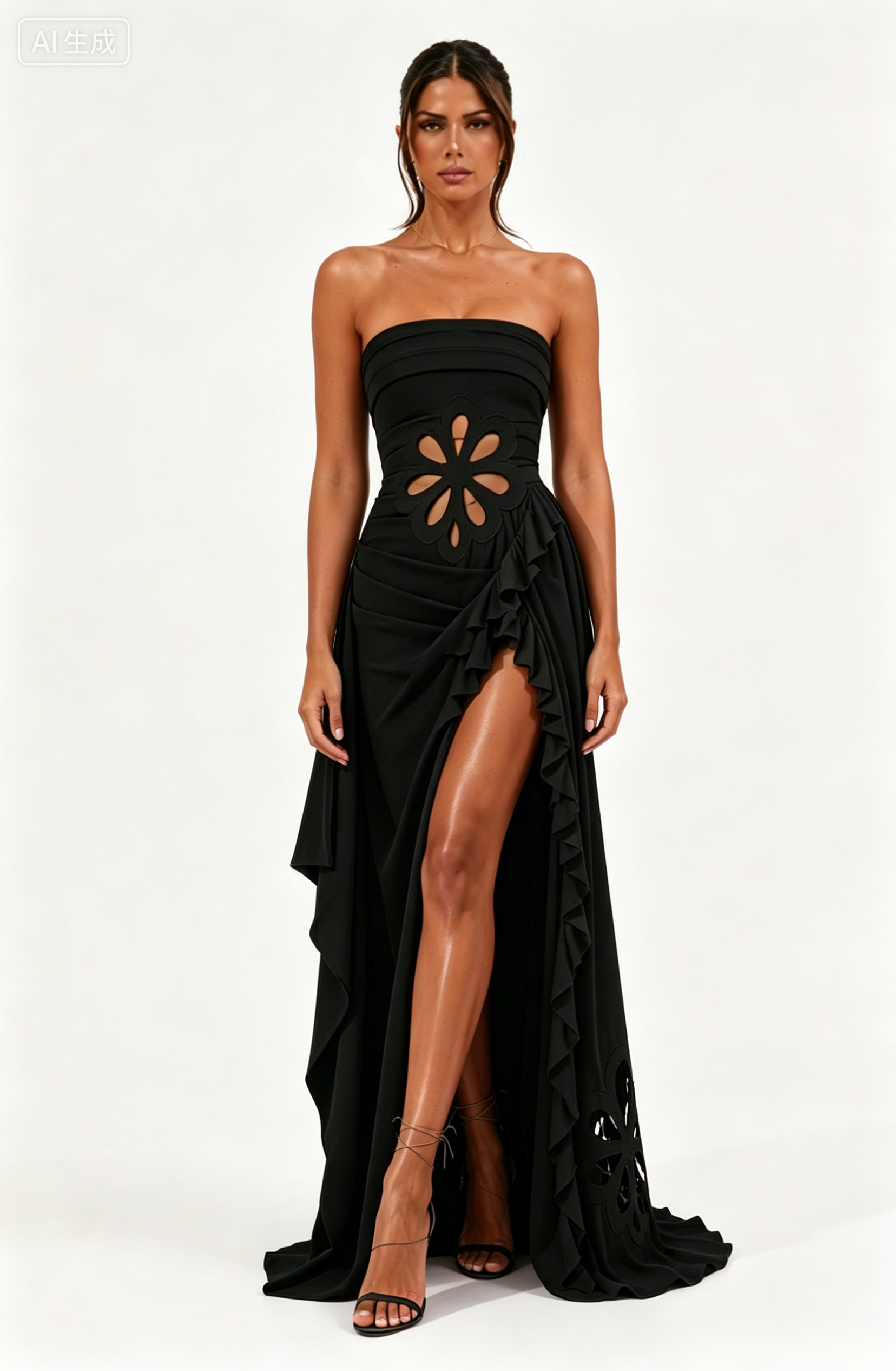 Bianca Black Strapless Cutout Ruffled Maxi Dress