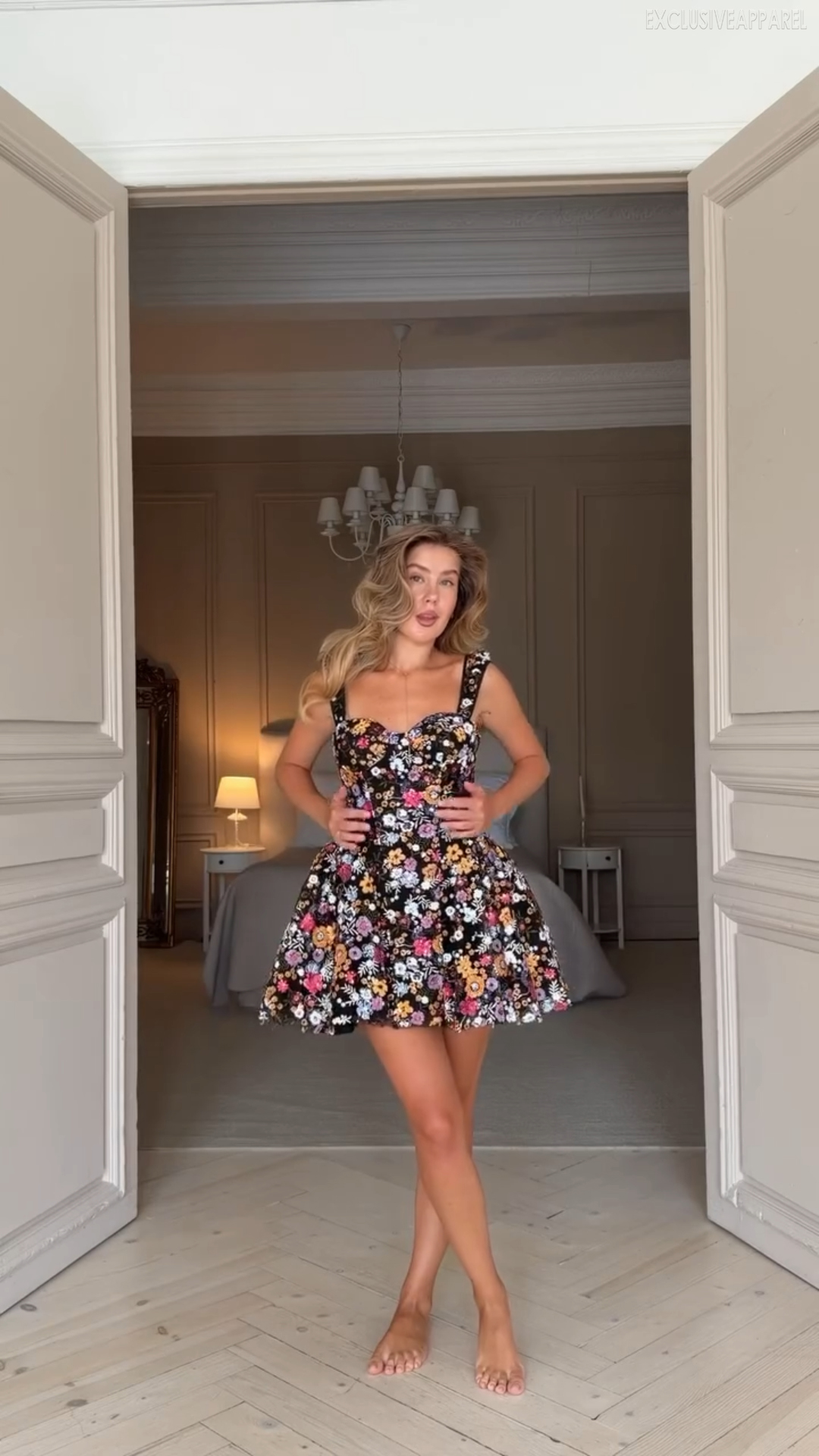 Sienna Black Wide Shoulder Strap Embroidered Short Dress