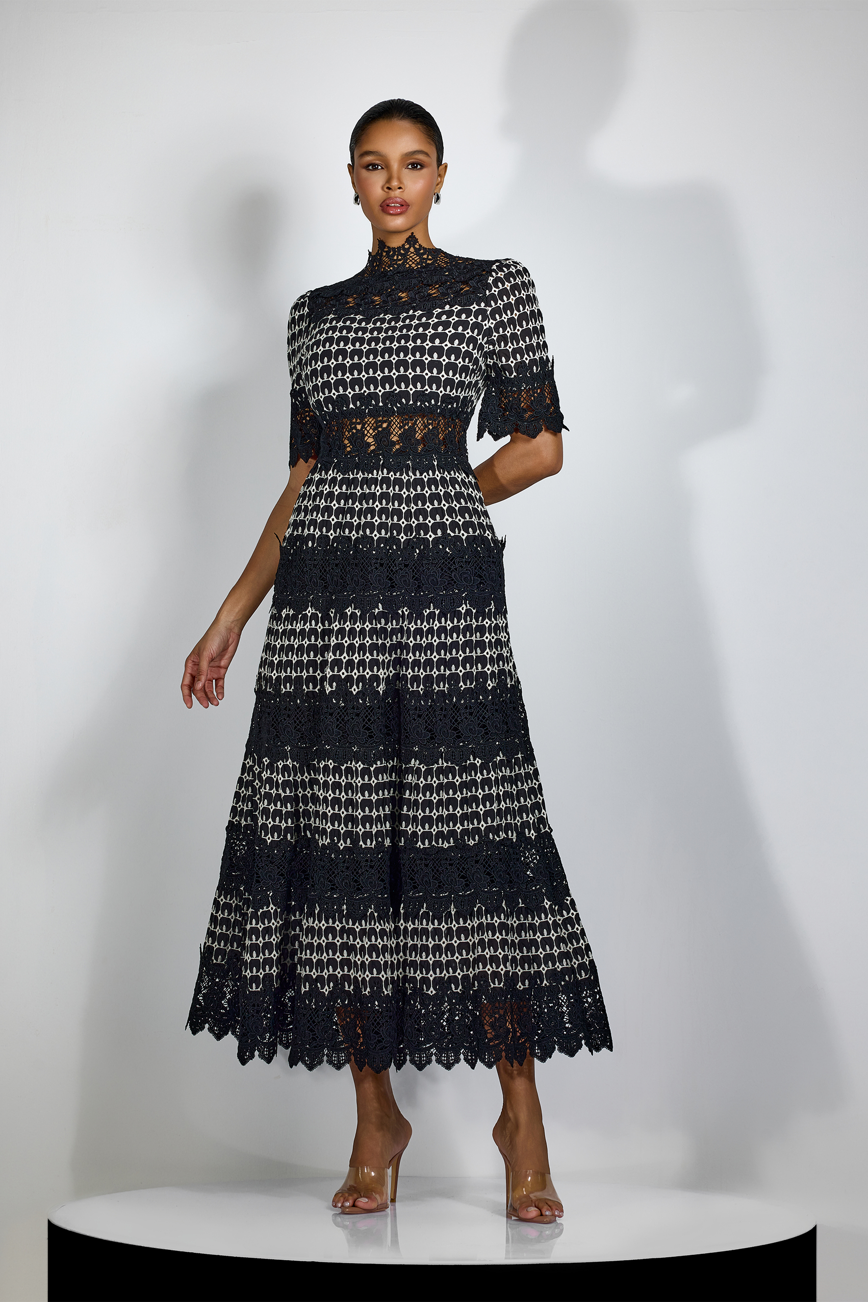 Sabrina Embroidered Lace Short Sleeve Midi Dress-purelyfable