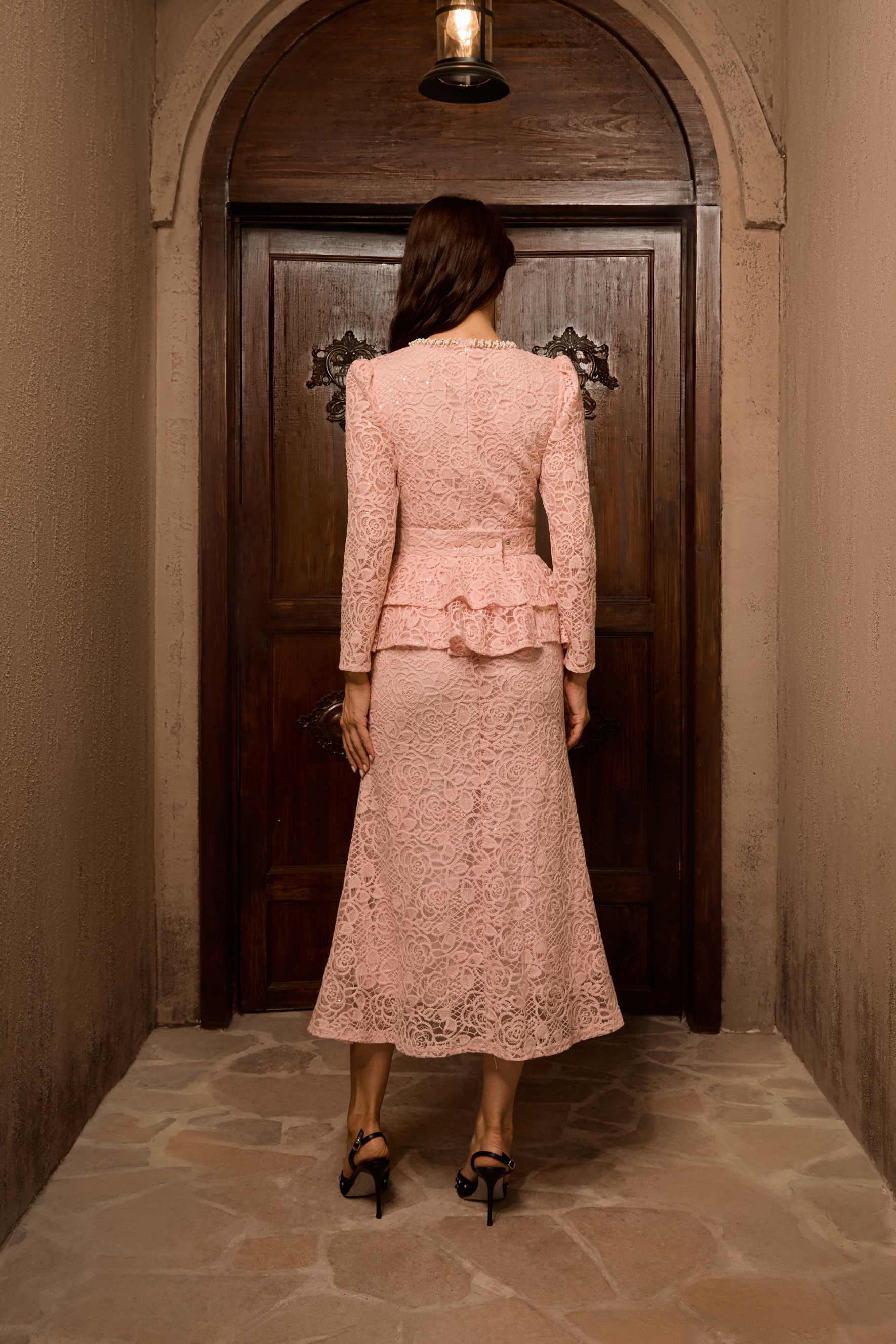 Only Fantasy Pink Embroidered Lace Ruffled Midi Dress-purelyfable
