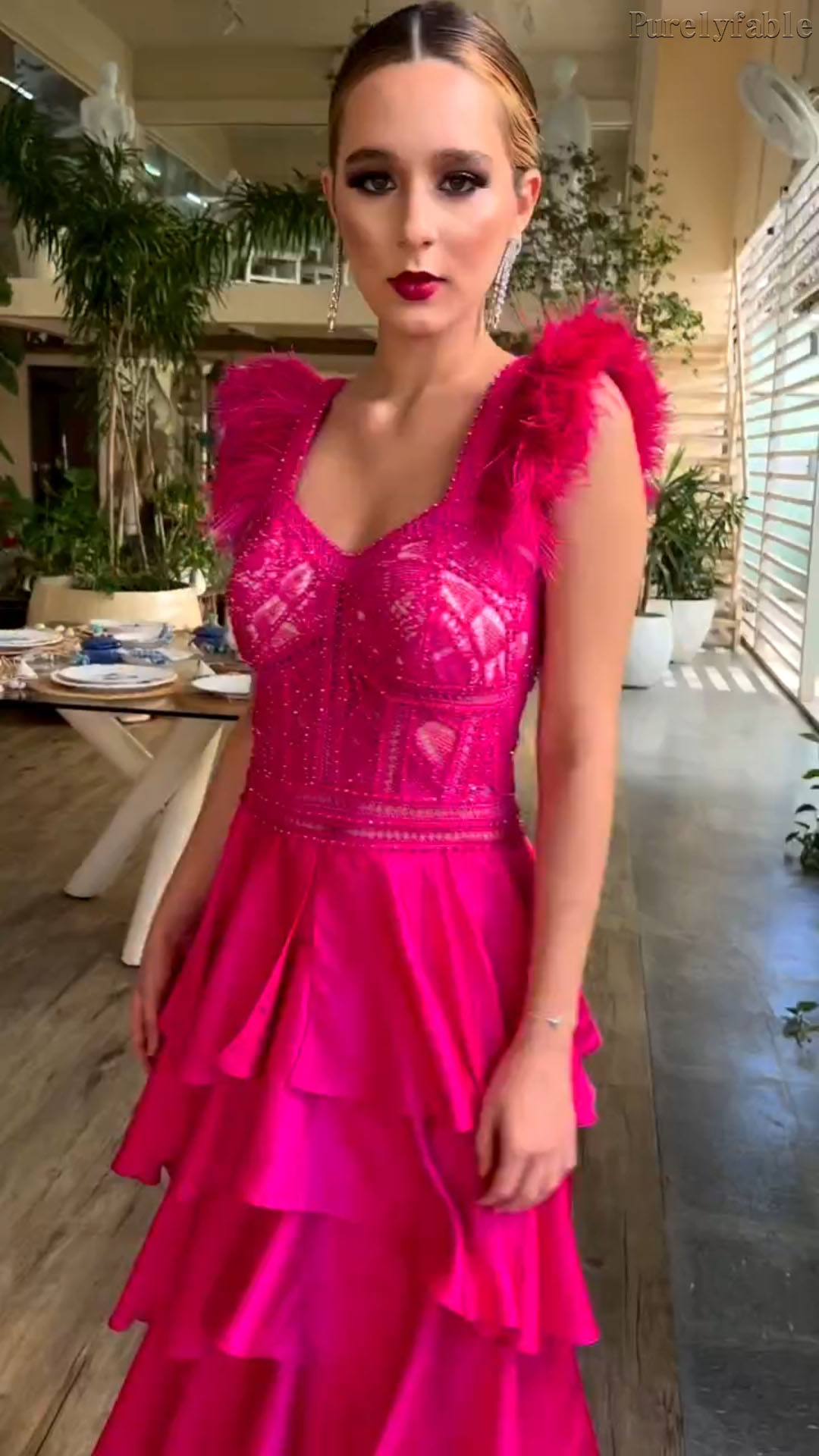 Asha Pink Feathered Shoulder Ruffled Dress