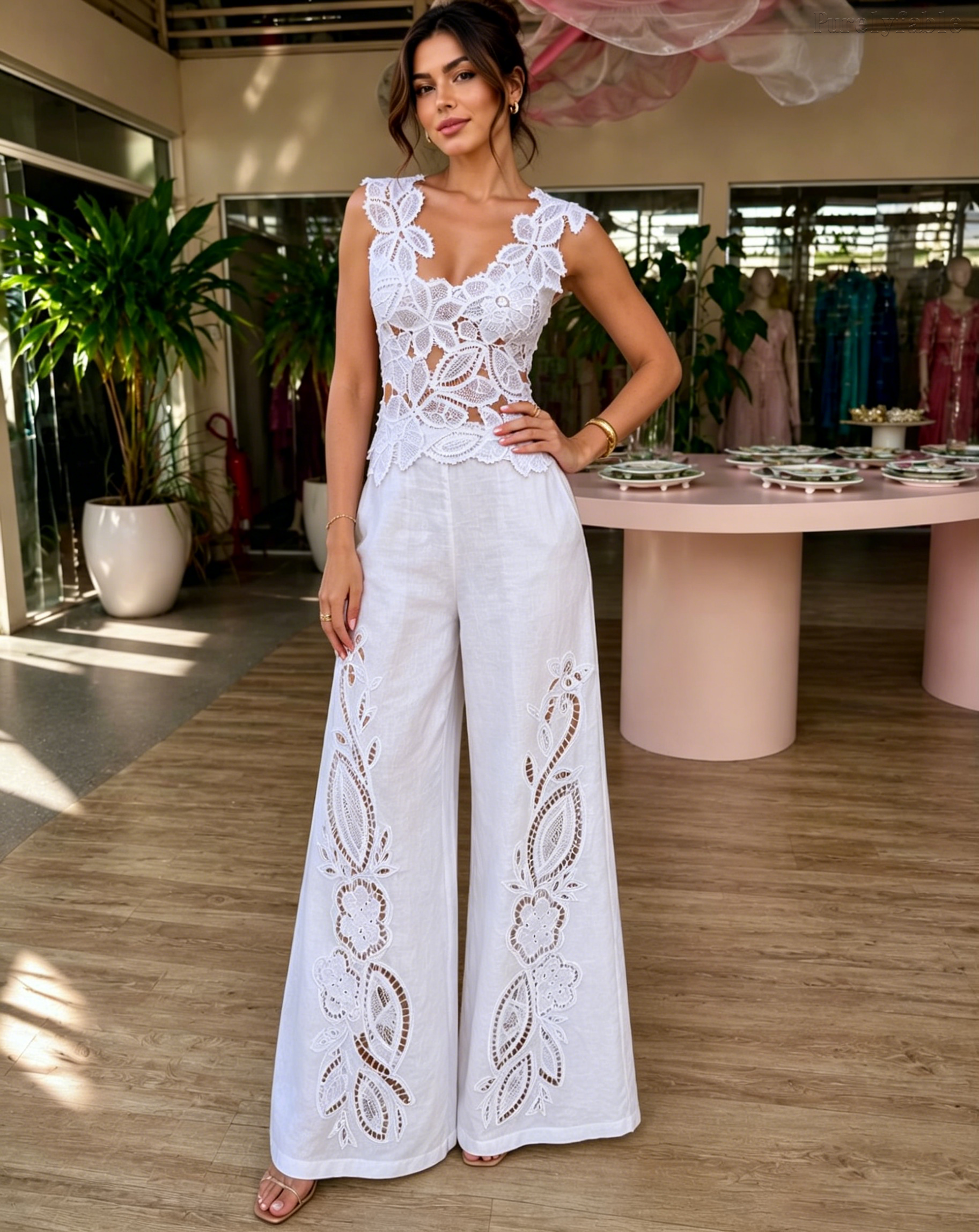 Astrid White Sleeveless Open-Back Top and Pants Set