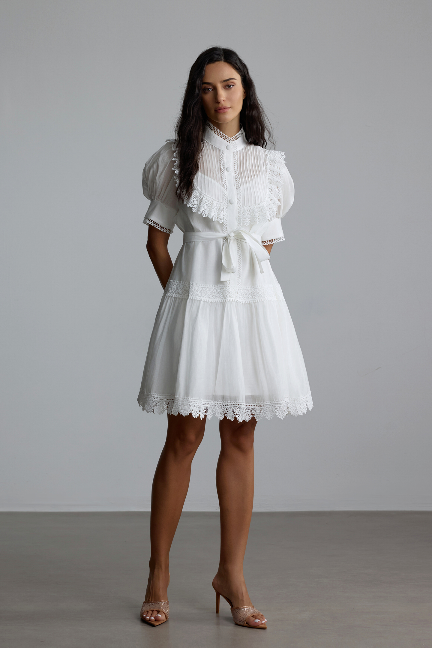 Annette Lace Trim Puff Sleeve Mini Dress-purelyfable