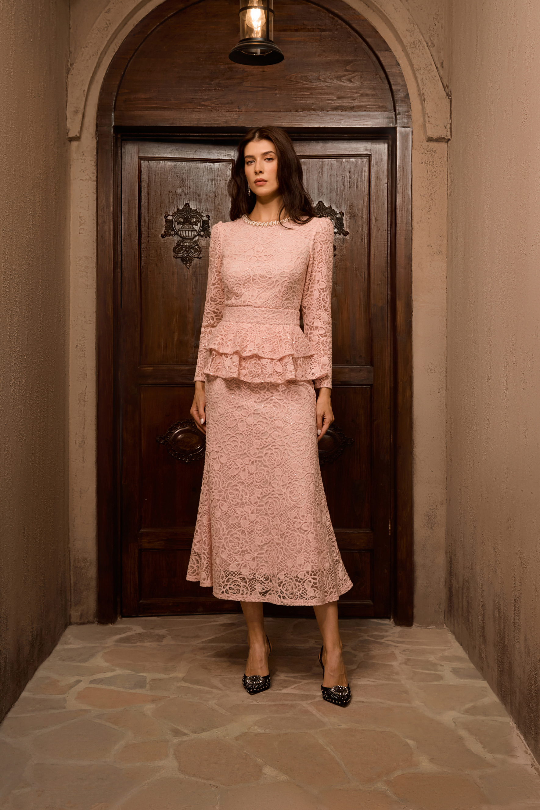 Only Fantasy Pink Embroidered Lace Ruffled Midi Dress-purelyfable