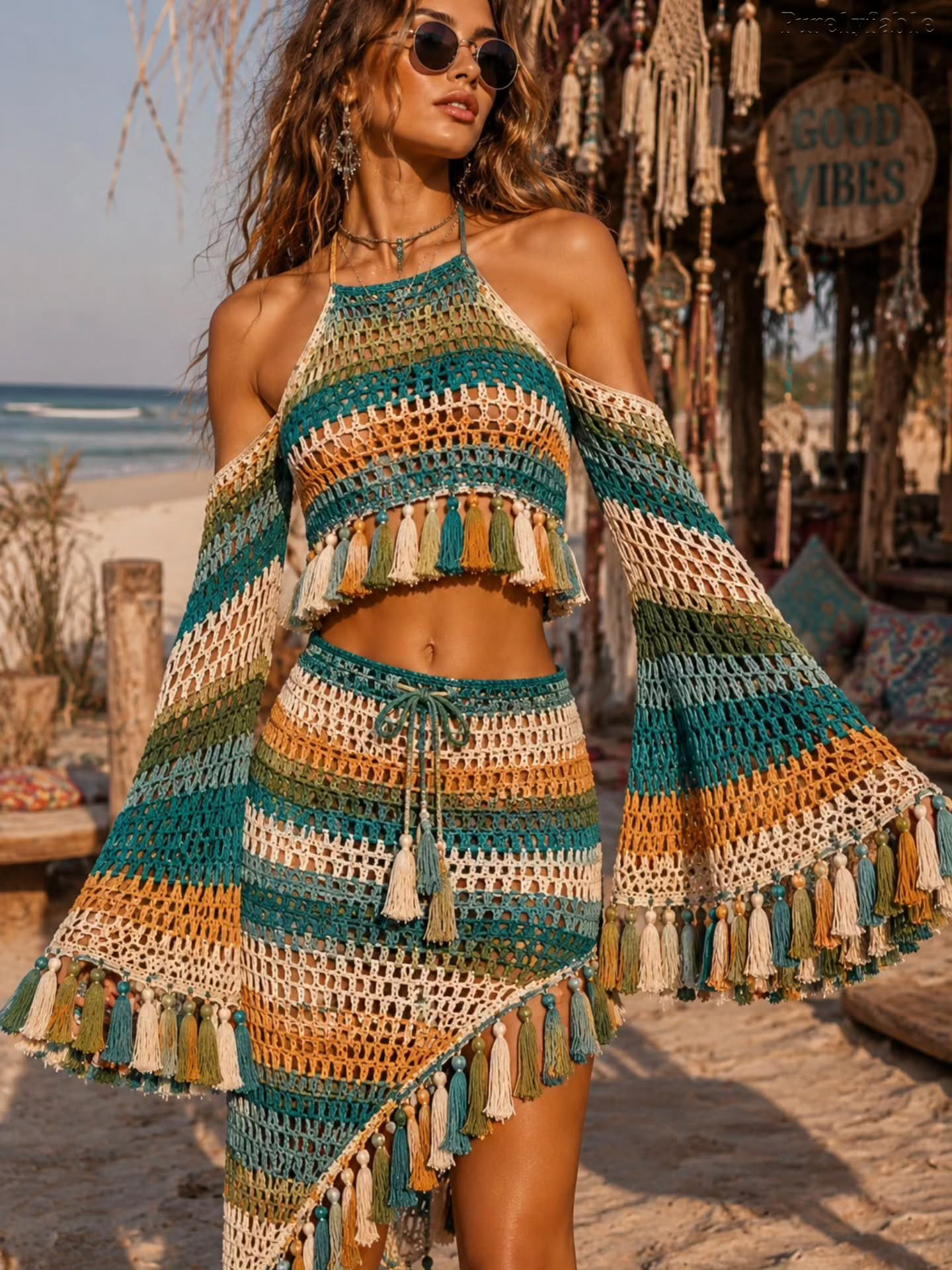 Zaida Colorful Sleeveless Striped Cable Knit Two-Piece Set