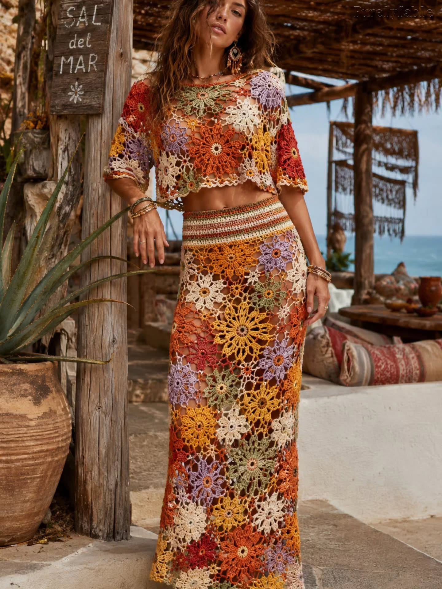 Priscilla Colorful Round-neck Short Blouse and Skirt Set