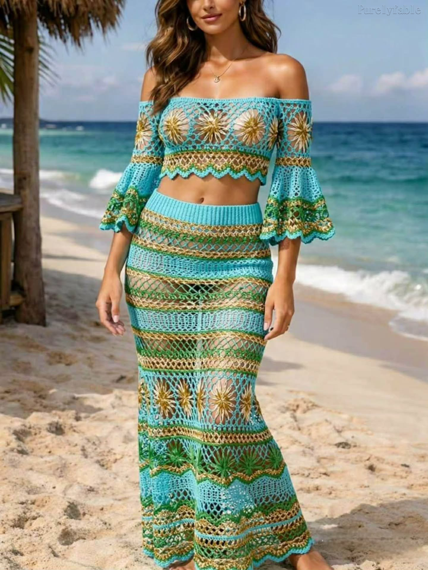 Avalon Blue One Shoulder Crochet Two-Piece Set