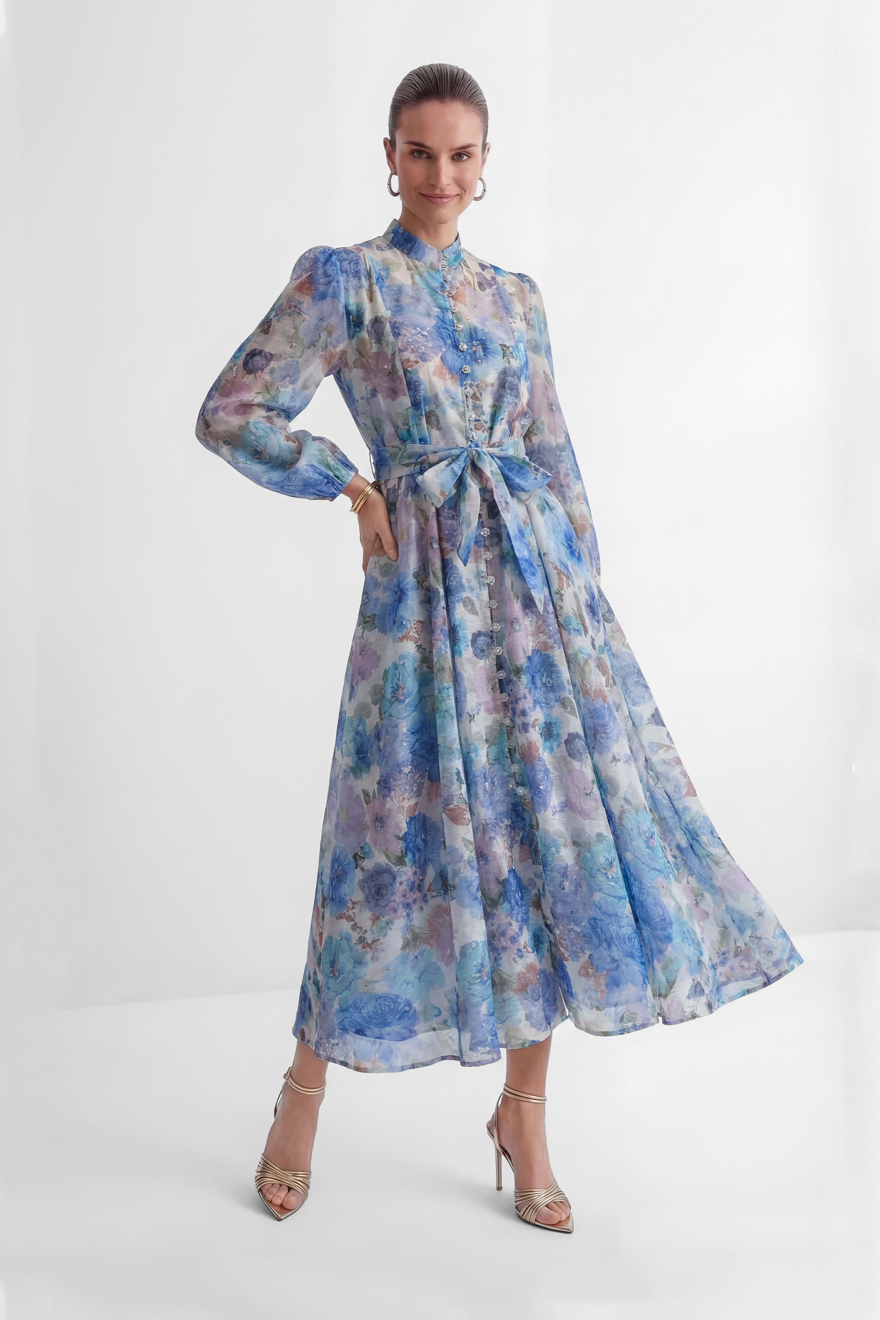 Love Breezy Blue Floral Print Rhinestone Embellished Maxi Dress-purelyfable