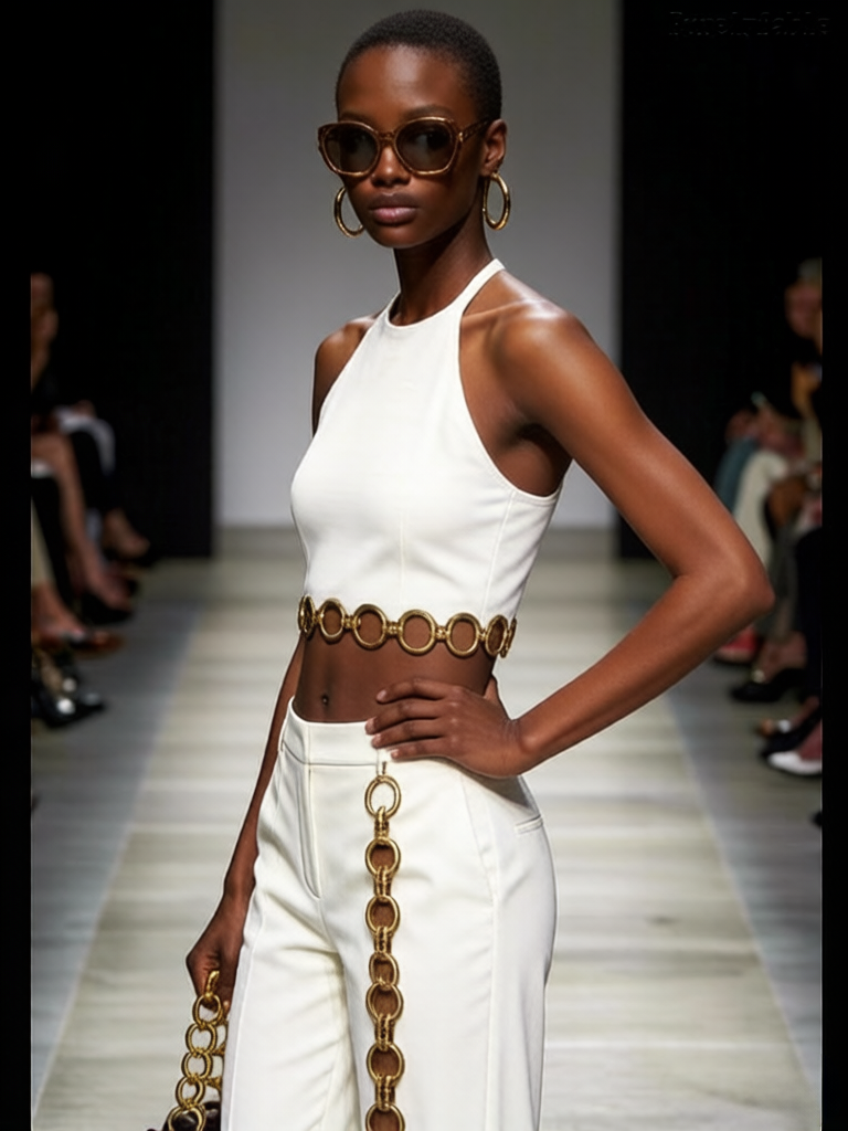 Gabriela White Neckline Short Blouse with Slit and Wide Leg Pants Set