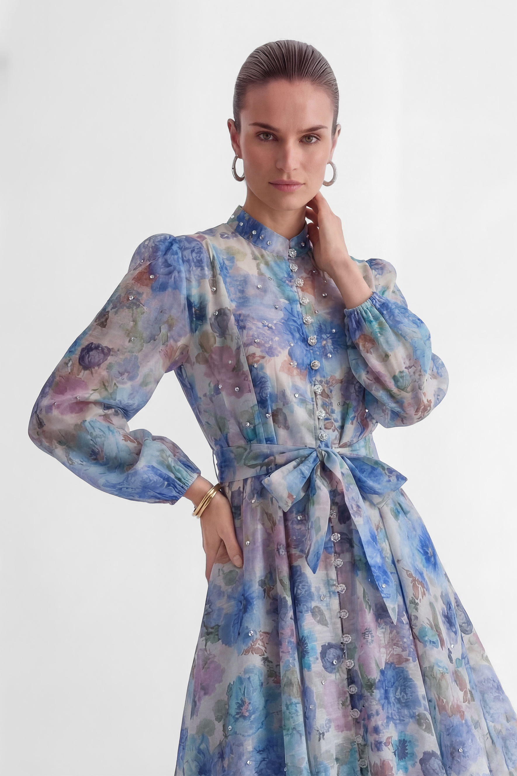 Love Breezy Blue Floral Print Rhinestone Embellished Maxi Dress-purelyfable
