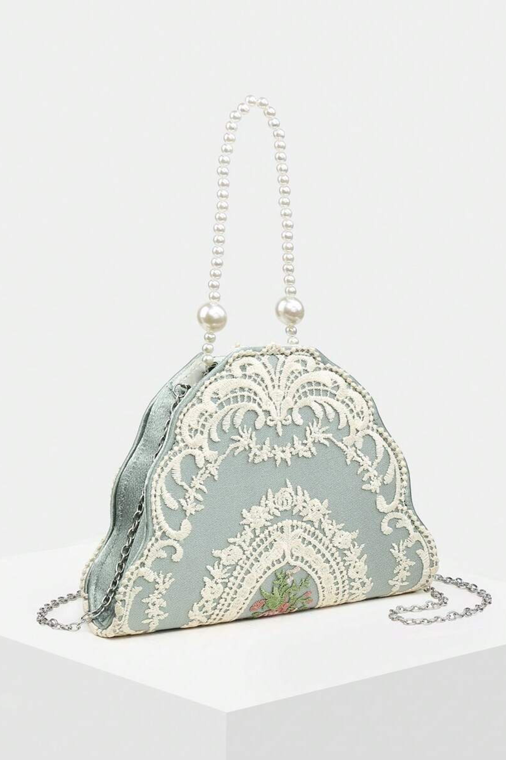 Lace Embroidery Pearl Strap Handle Bag-purelyfable