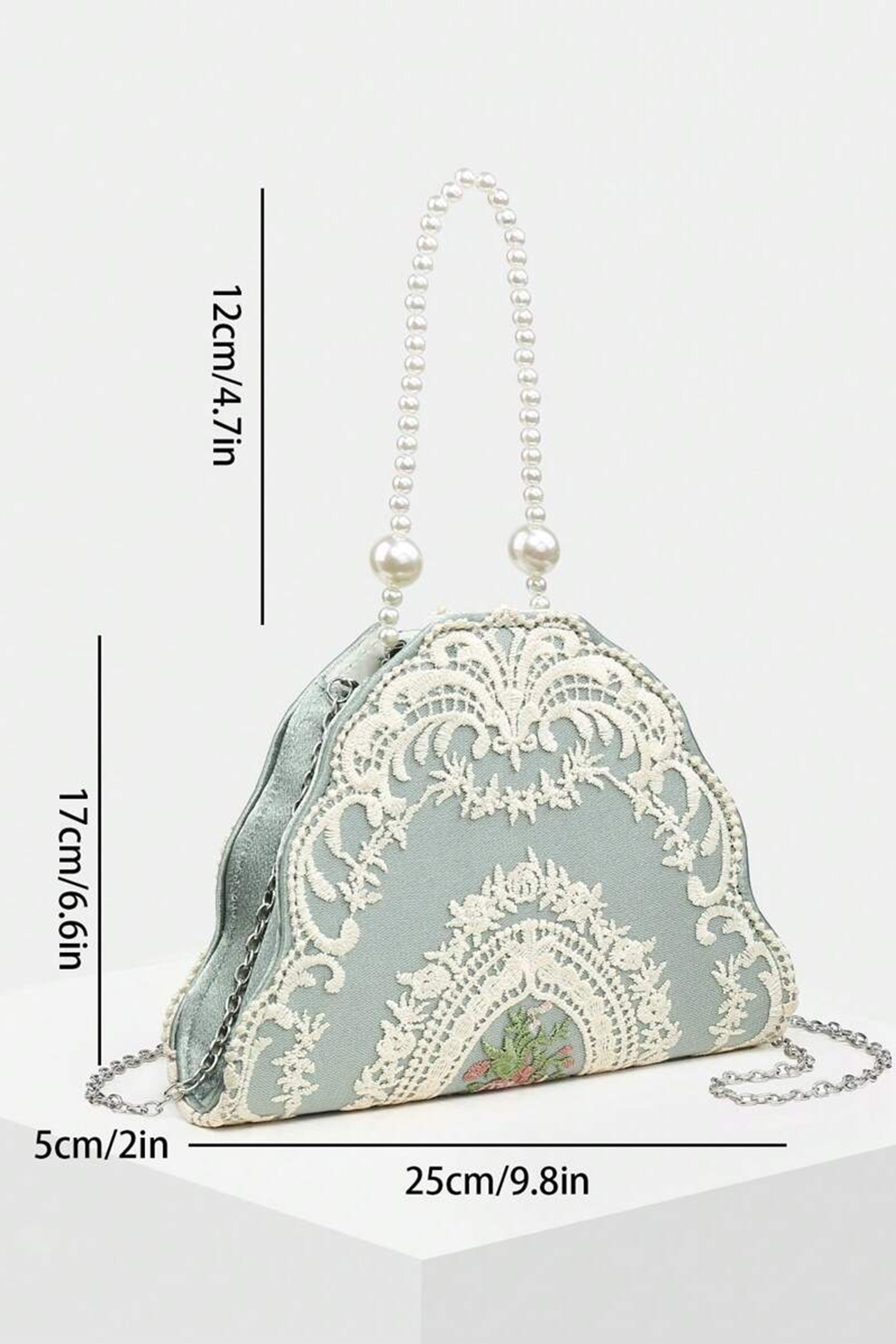 Lace Embroidery Pearl Strap Handle Bag-purelyfable