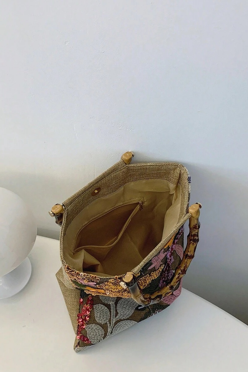 Sequin Embroidered Bamboo-handle Tote Bag-purelyfable