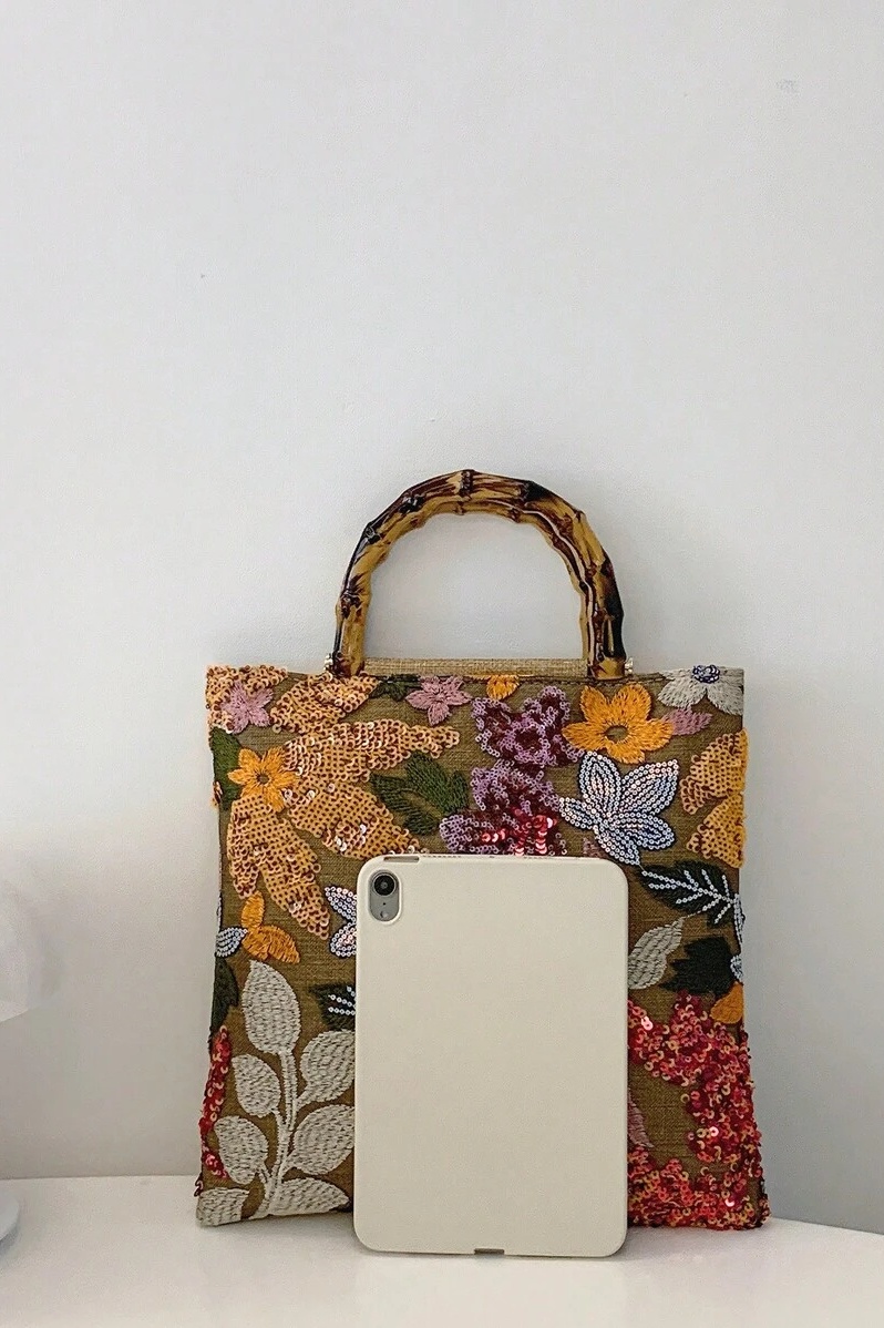 Sequin Embroidered Bamboo-handle Tote Bag-purelyfable