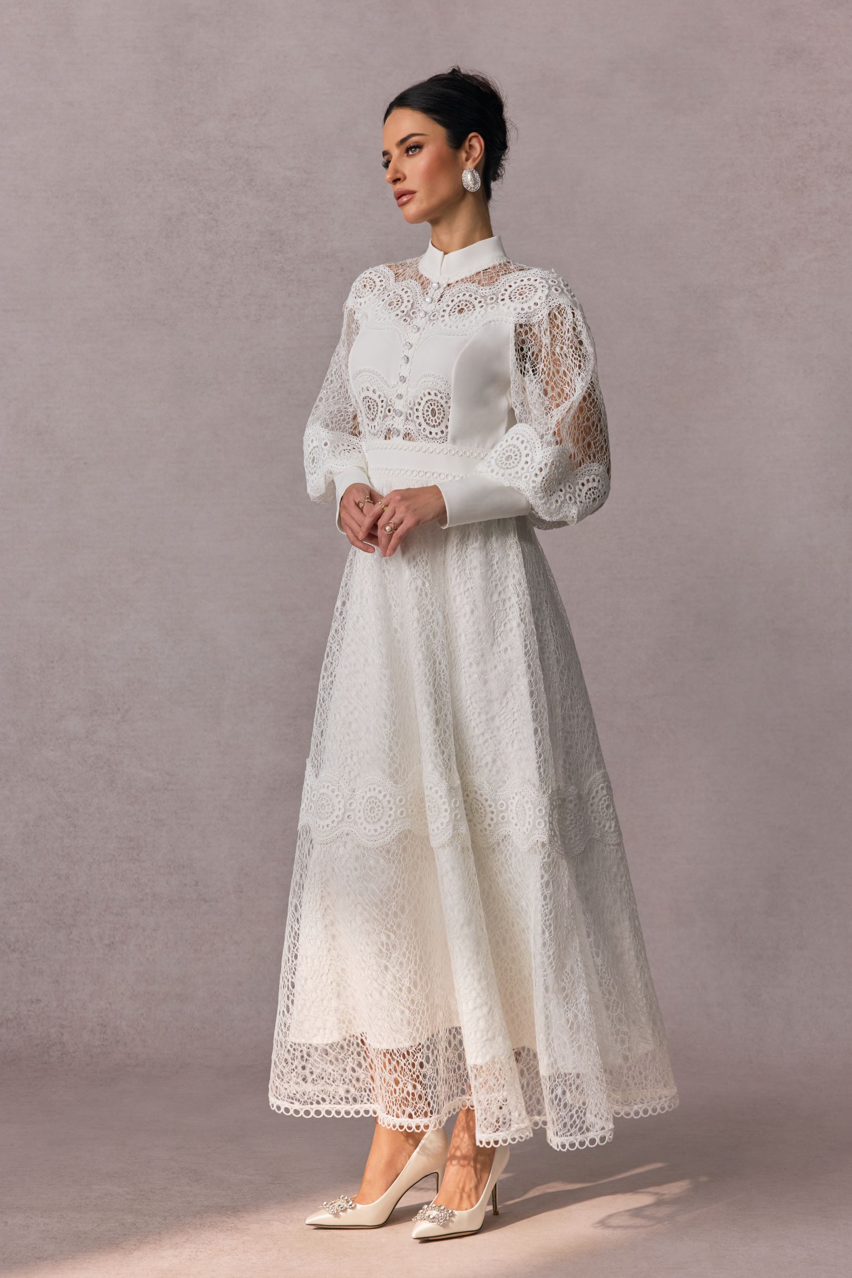 Charlotte High Neck Puff Sleeve Lace Maxi Dress-purelyfable