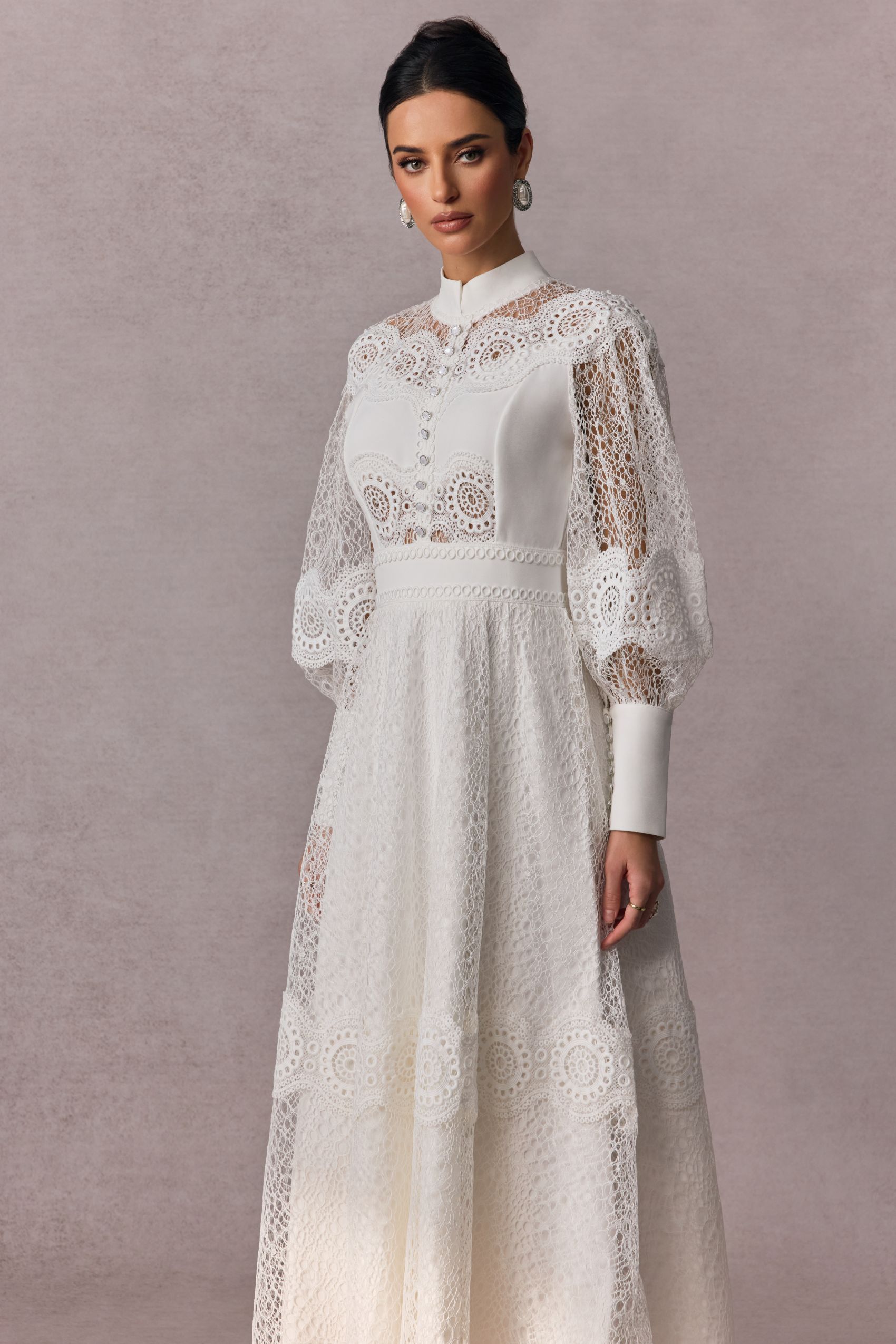Charlotte High Neck Puff Sleeve Lace Maxi Dress-purelyfable