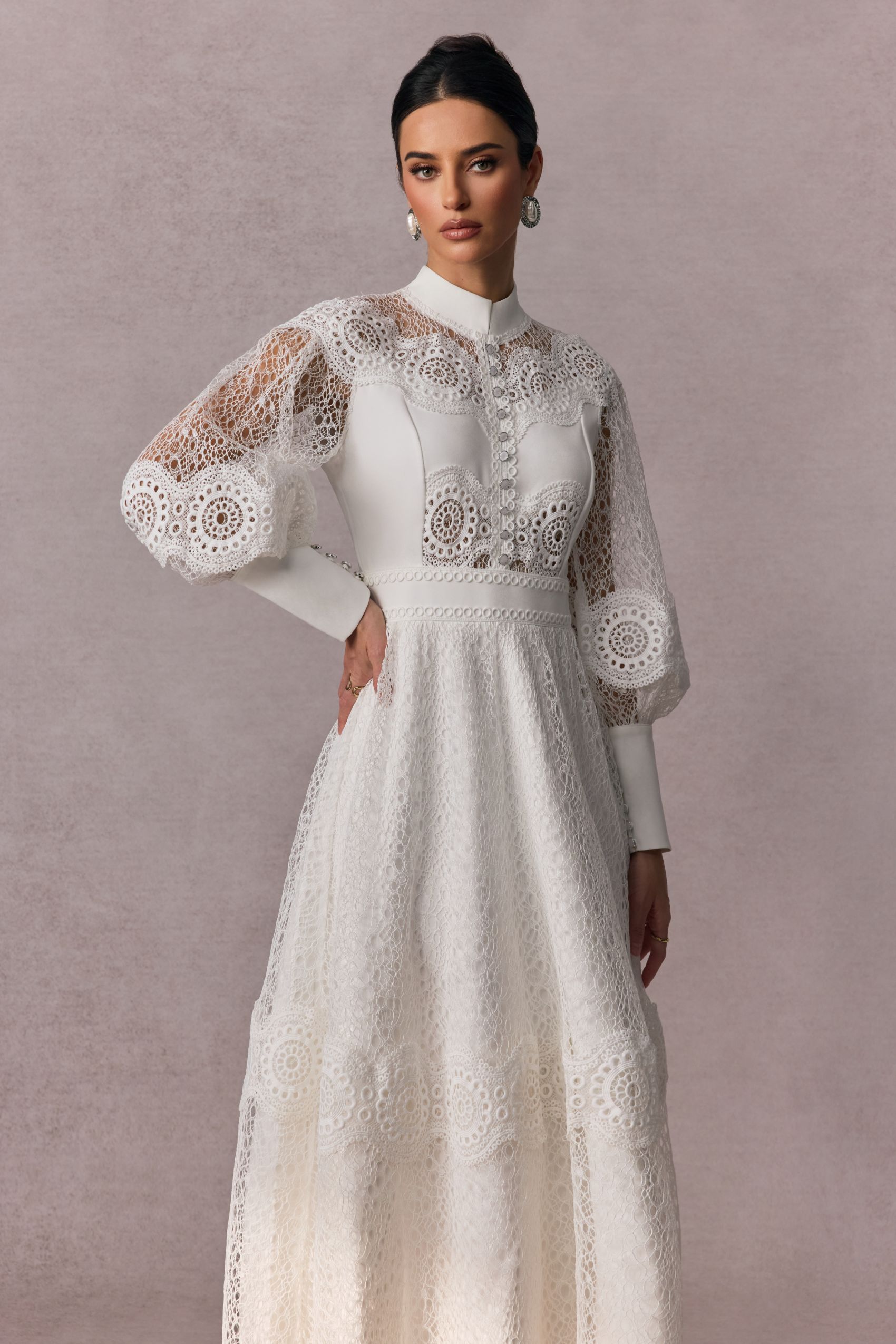 Charlotte High Neck Puff Sleeve Lace Maxi Dress-purelyfable
