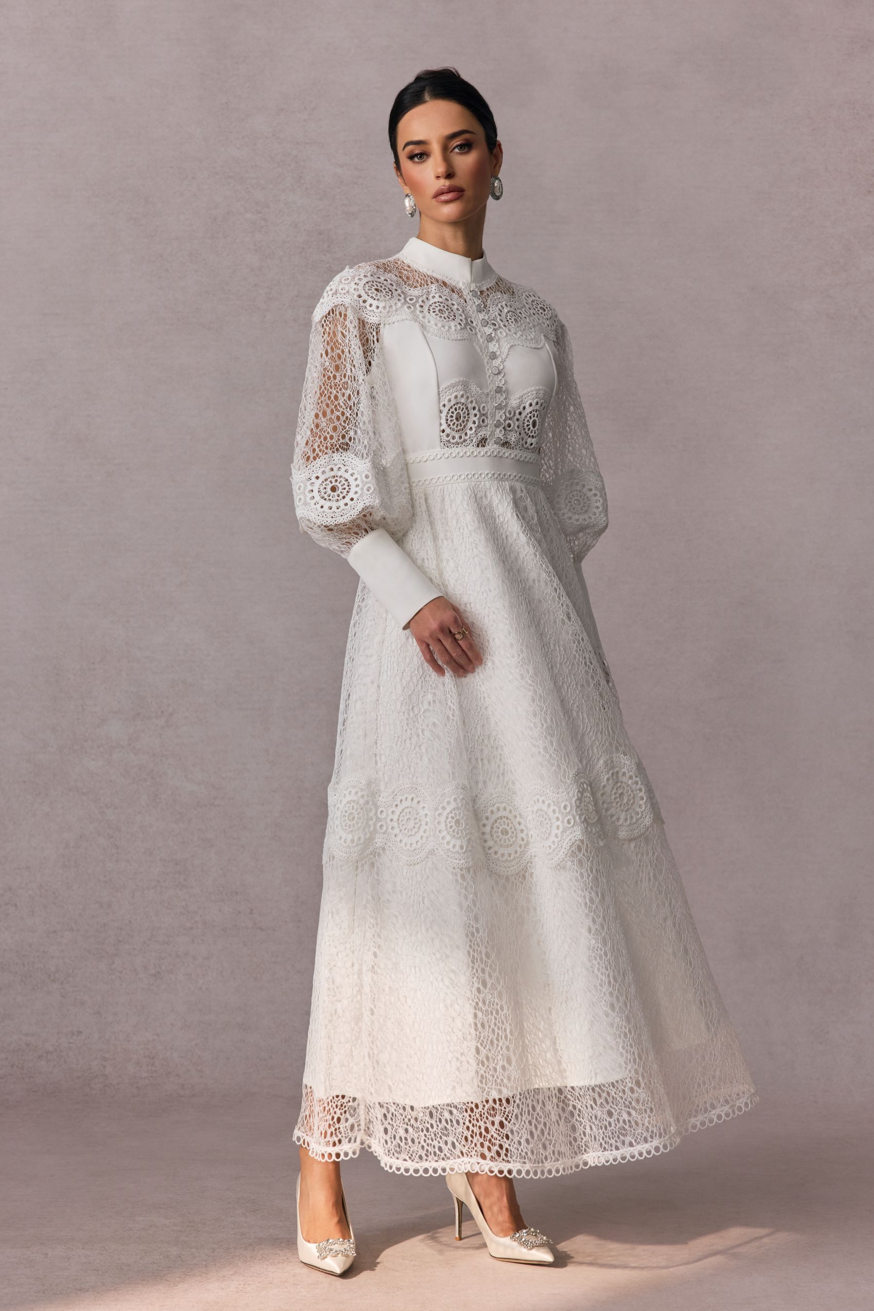 Charlotte High Neck Puff Sleeve Lace Maxi Dress-purelyfable