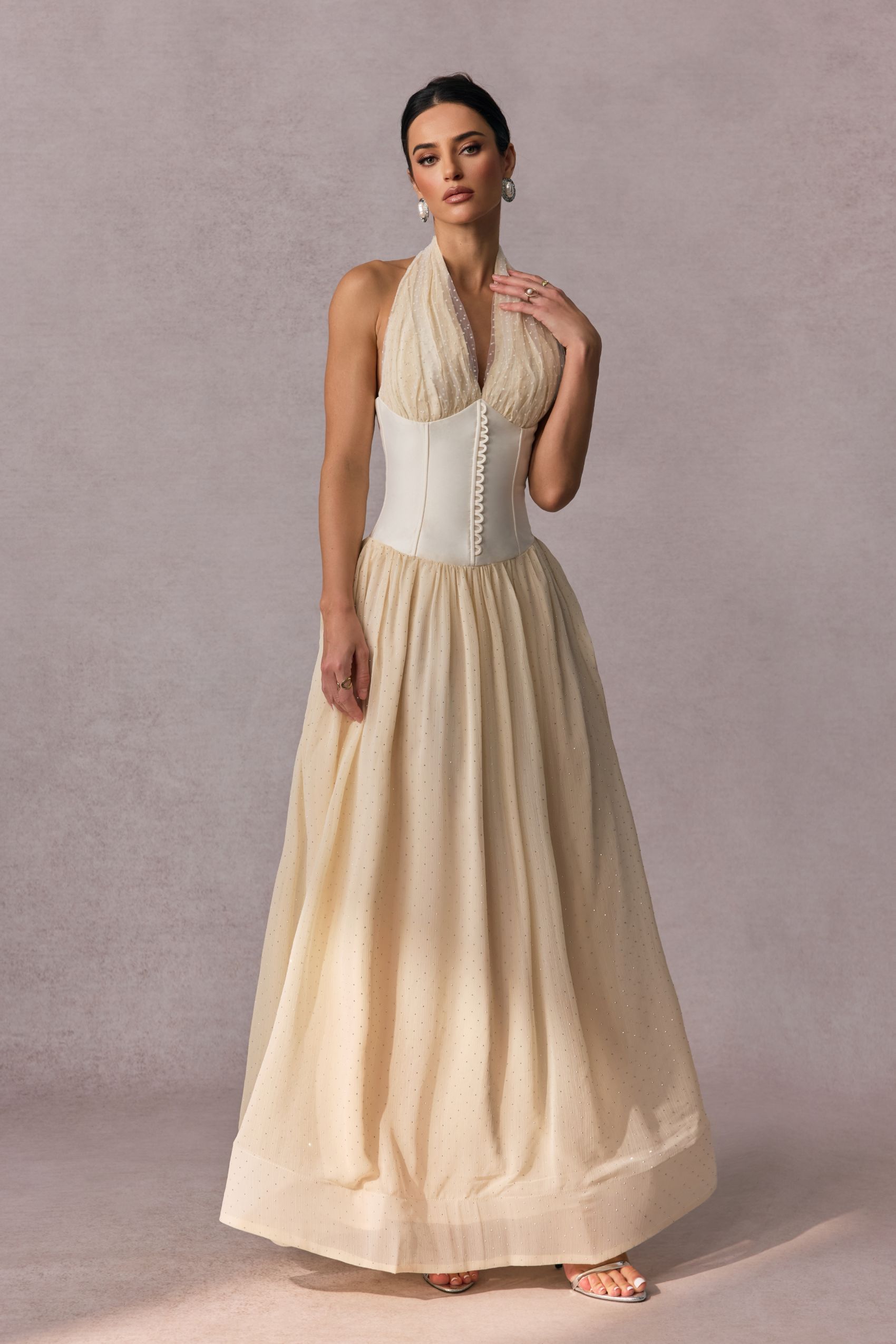 Vivien Halterneck Tulle Overlay Maxi Dress-purelyfable