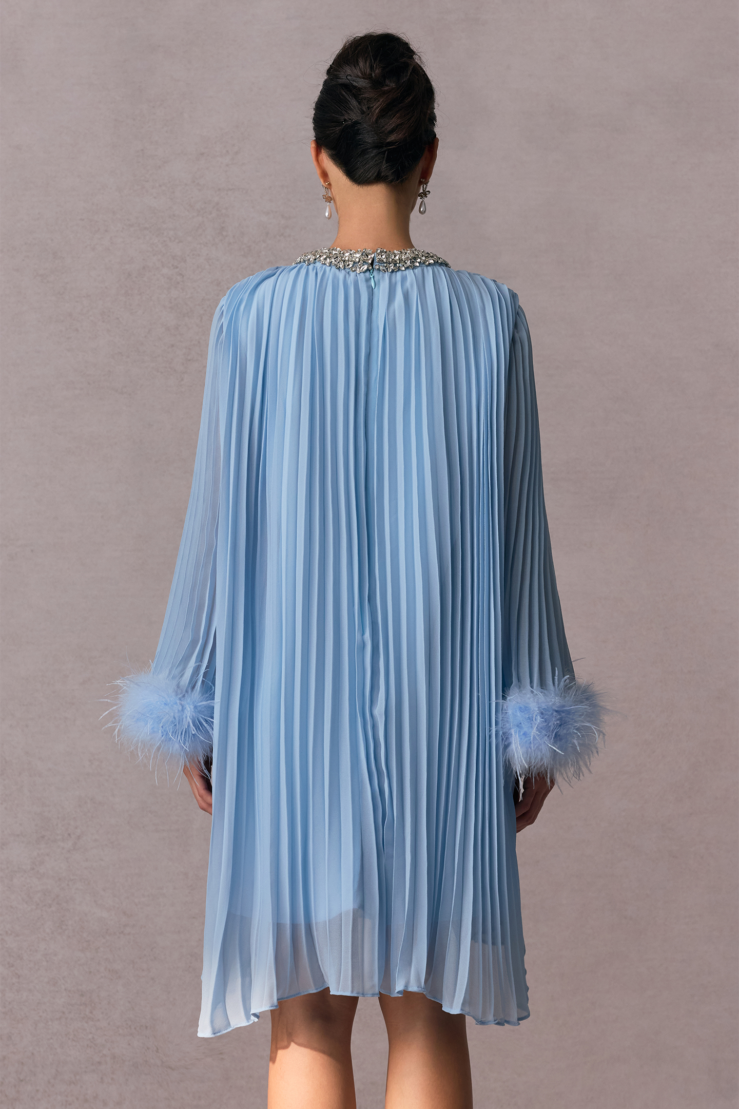 Gabrielle Diamante Feathered Pleated Chiffon Mini Dress-purelyfable