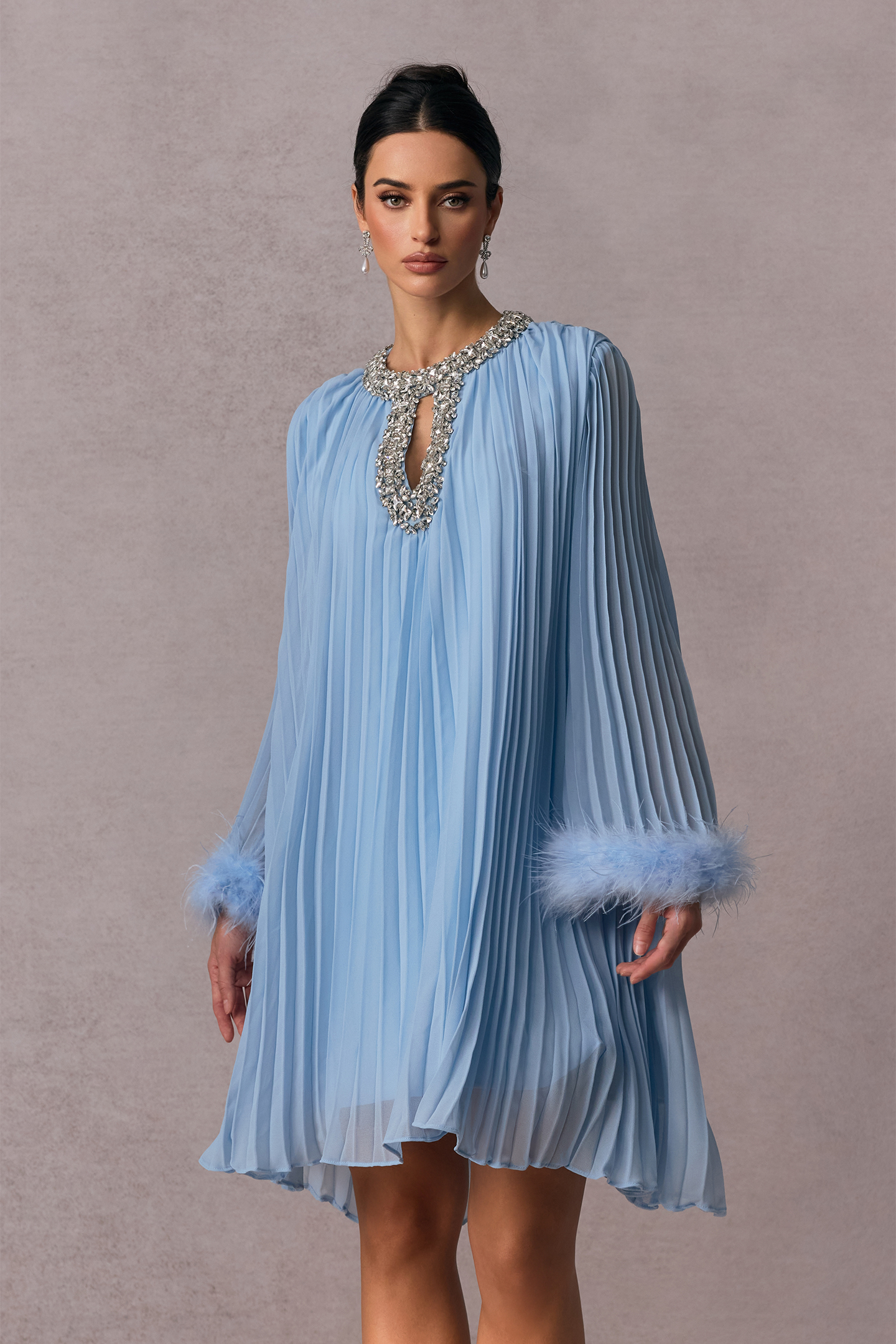 Gabrielle Diamante Feathered Pleated Chiffon Mini Dress-purelyfable