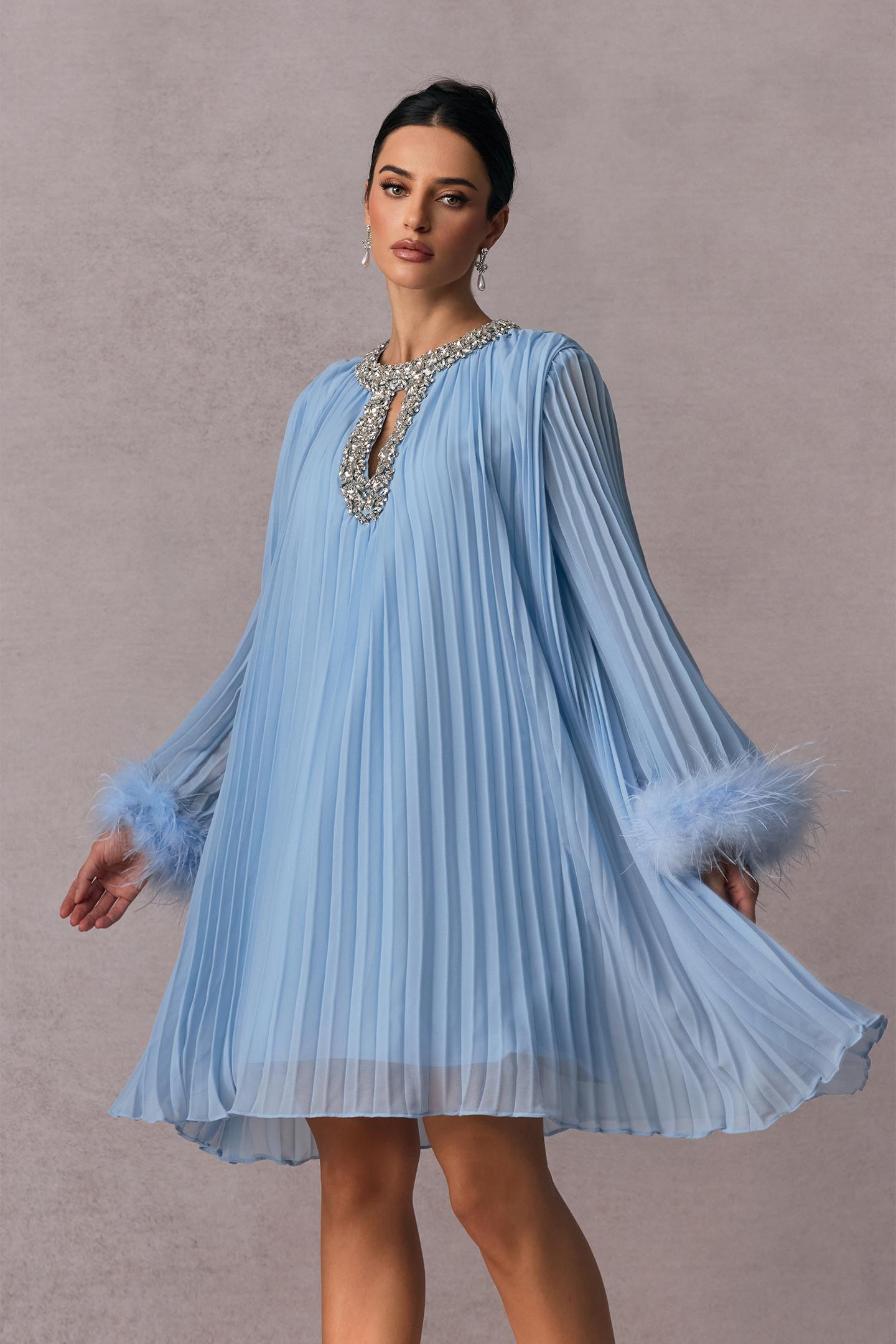 Gabrielle Diamante Feathered Pleated Chiffon Mini Dress-purelyfable