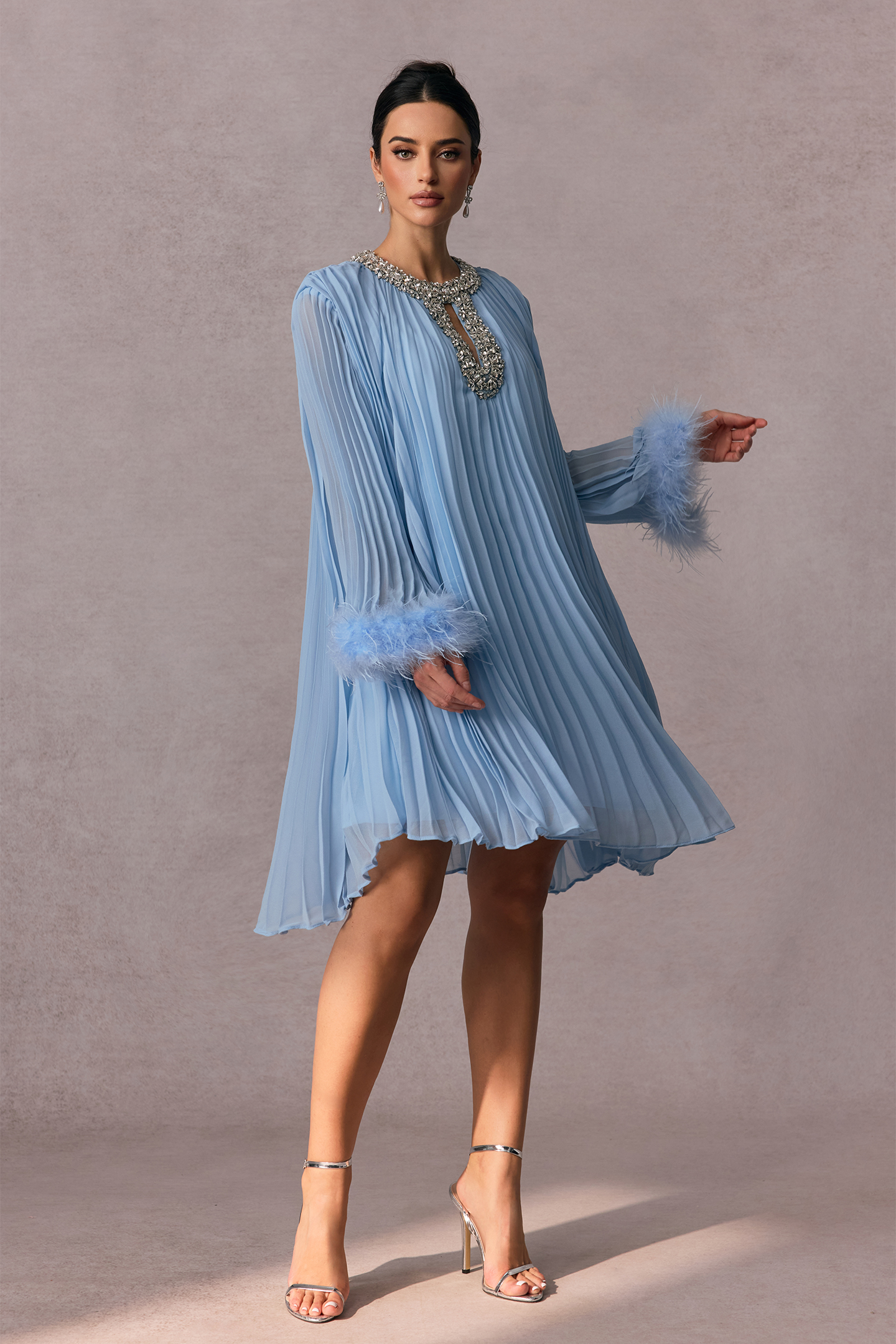 Gabrielle Diamante Feathered Pleated Chiffon Mini Dress-purelyfable