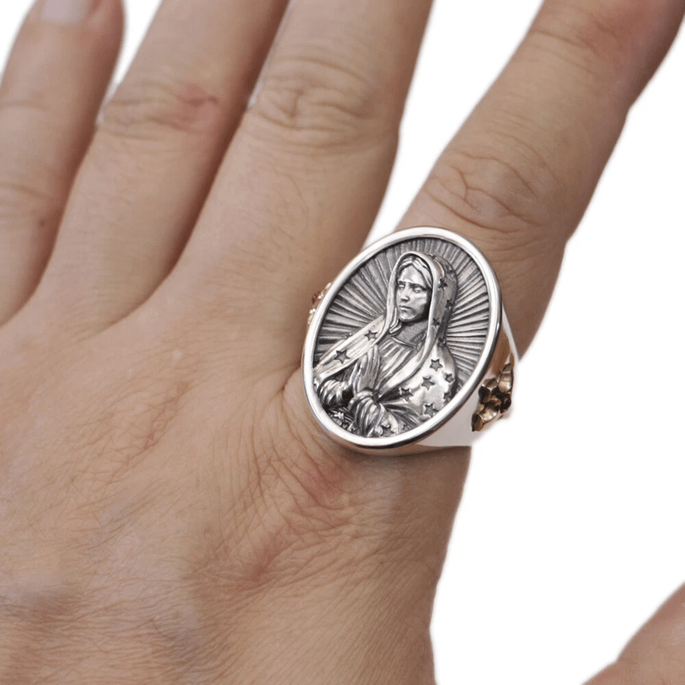 Christianartworkshop Virgin Mary Oval Ring in 925 Silver Divine Protection and Prayer