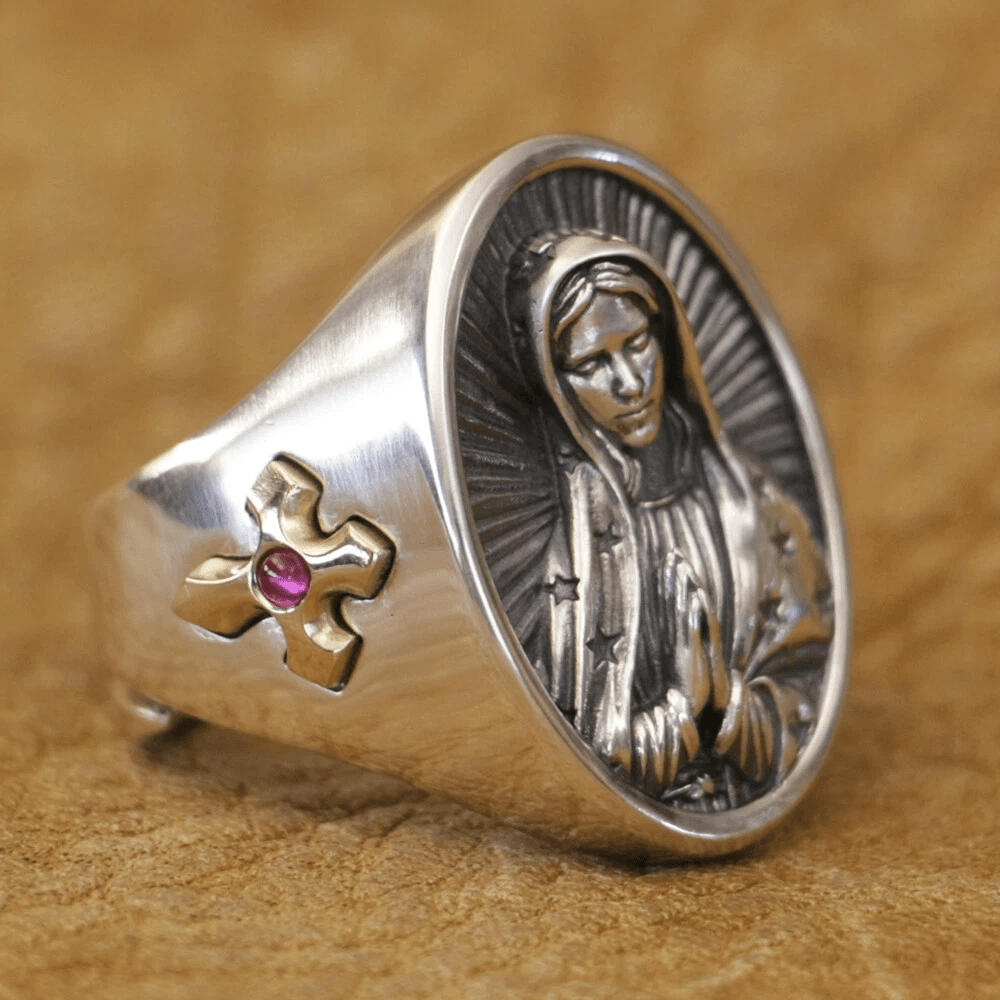 Christianartworkshop Virgin Mary Oval Ring in 925 Silver Divine Protection and Prayer