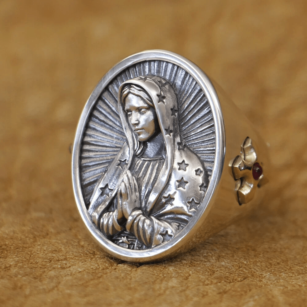 Christianartworkshop Virgin Mary Oval Ring in 925 Silver Divine Protection and Prayer