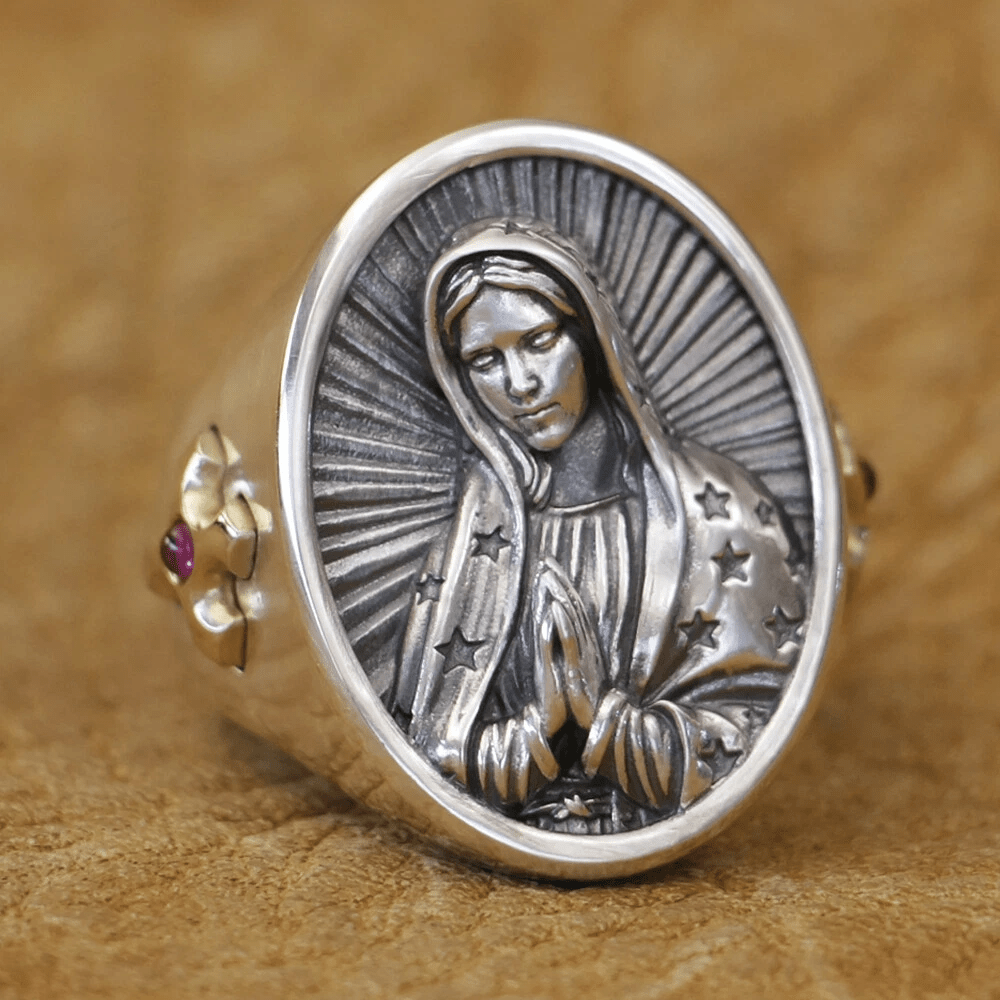 Christianartworkshop Virgin Mary Oval Ring in 925 Silver Divine Protection and Prayer
