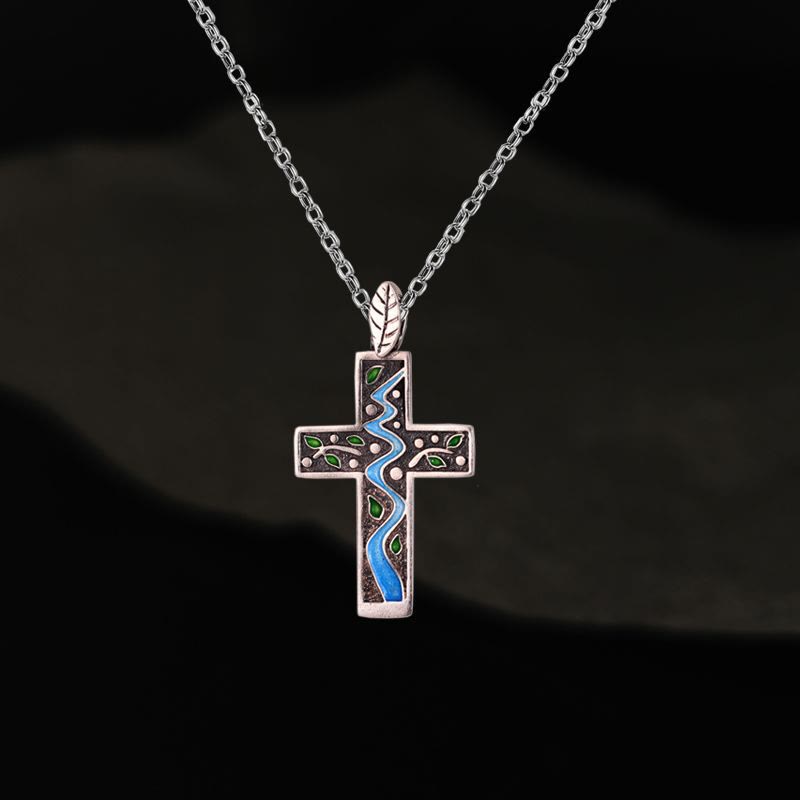 Fresh Style Creekside Tree Enamel Cross Necklace