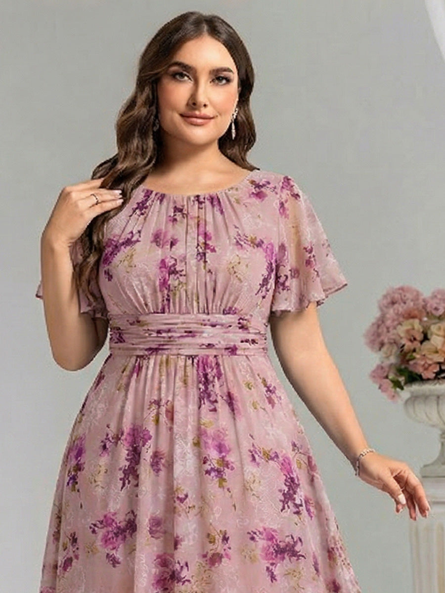 Plus Size Printed Chiffon Pleated Maxi Wedding Guest Dress